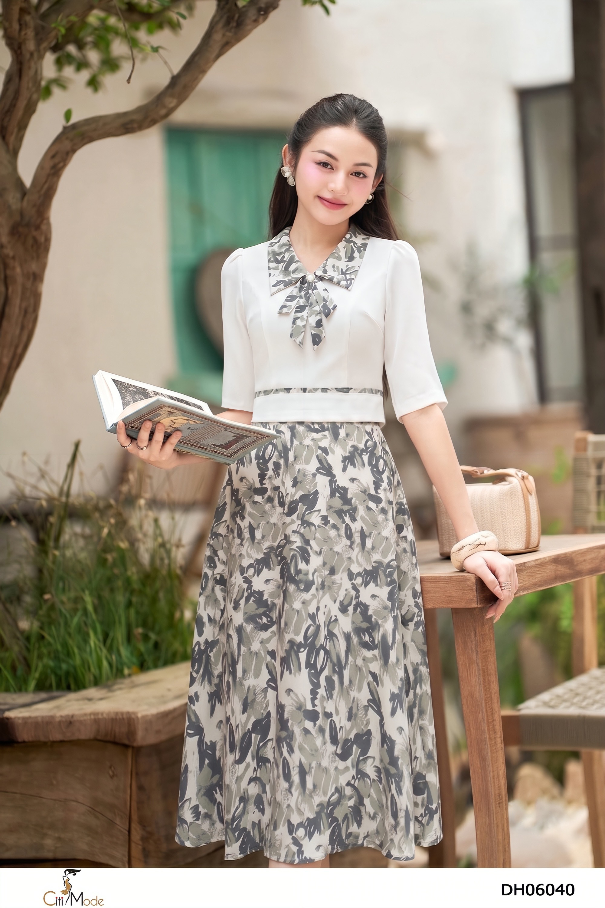 Đầm xòe hoa giả set, cổ cách điệu nơ tay lỡ