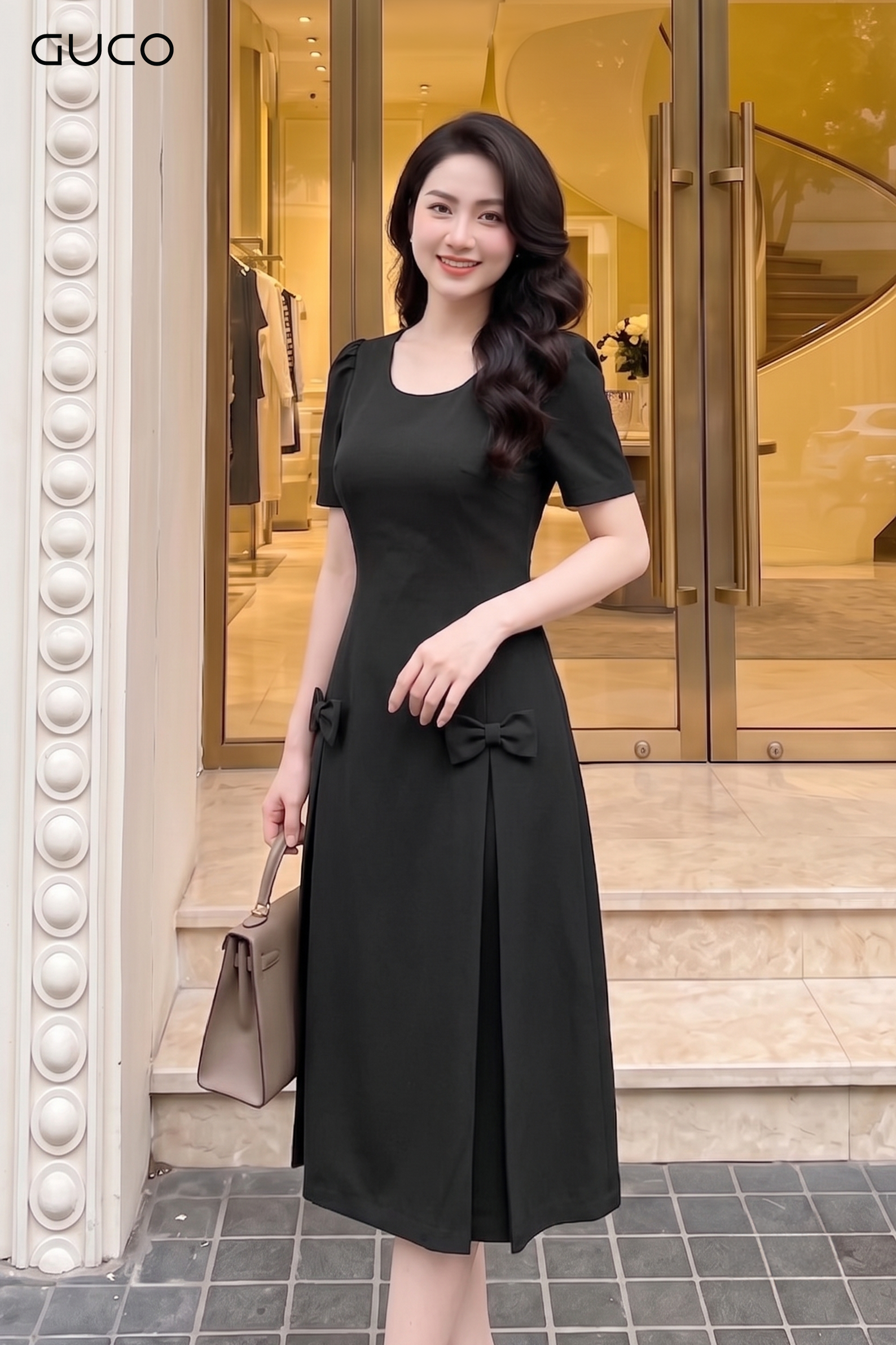 Đầm Dáng A Cổ Tròn Đen Đính Nơ_thumbnail_2