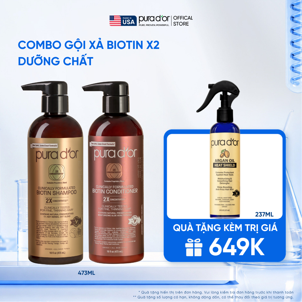 Combo Gội - Xả Pura D'or Biotin X2 Concentrated Giúp Tóc Dày, Khỏe Mạnh và Sáng Bóng Hơn 473ml