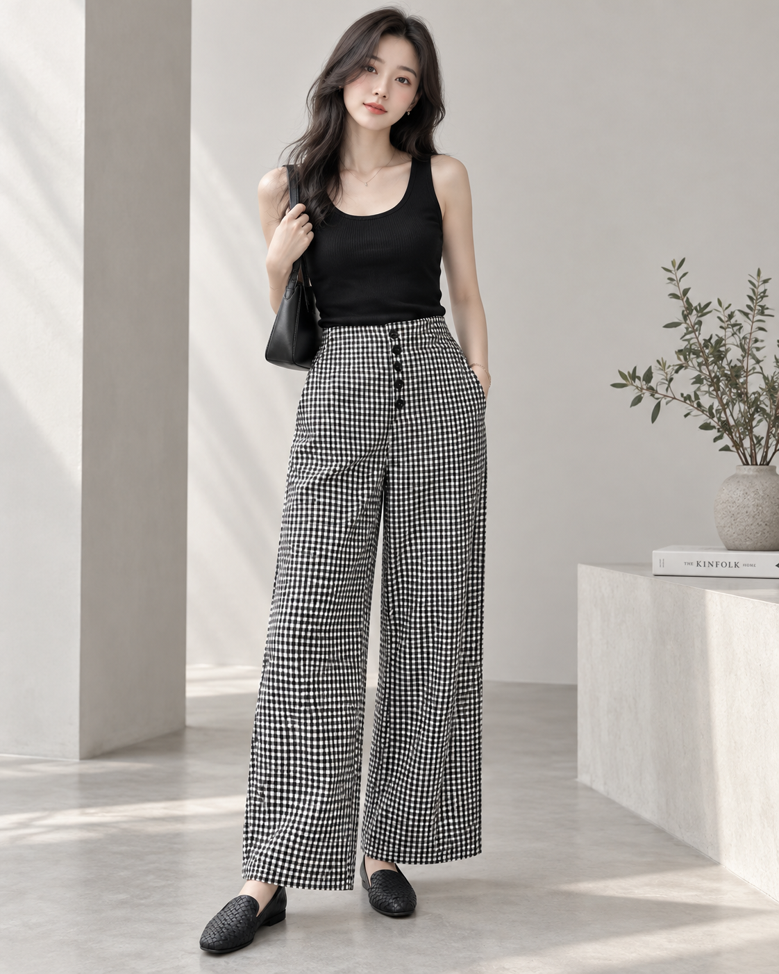 Quần Caro Đen Trắng Cạp Cao Hàng Khuy Ống Rộng Thanh Lịch - MQ003