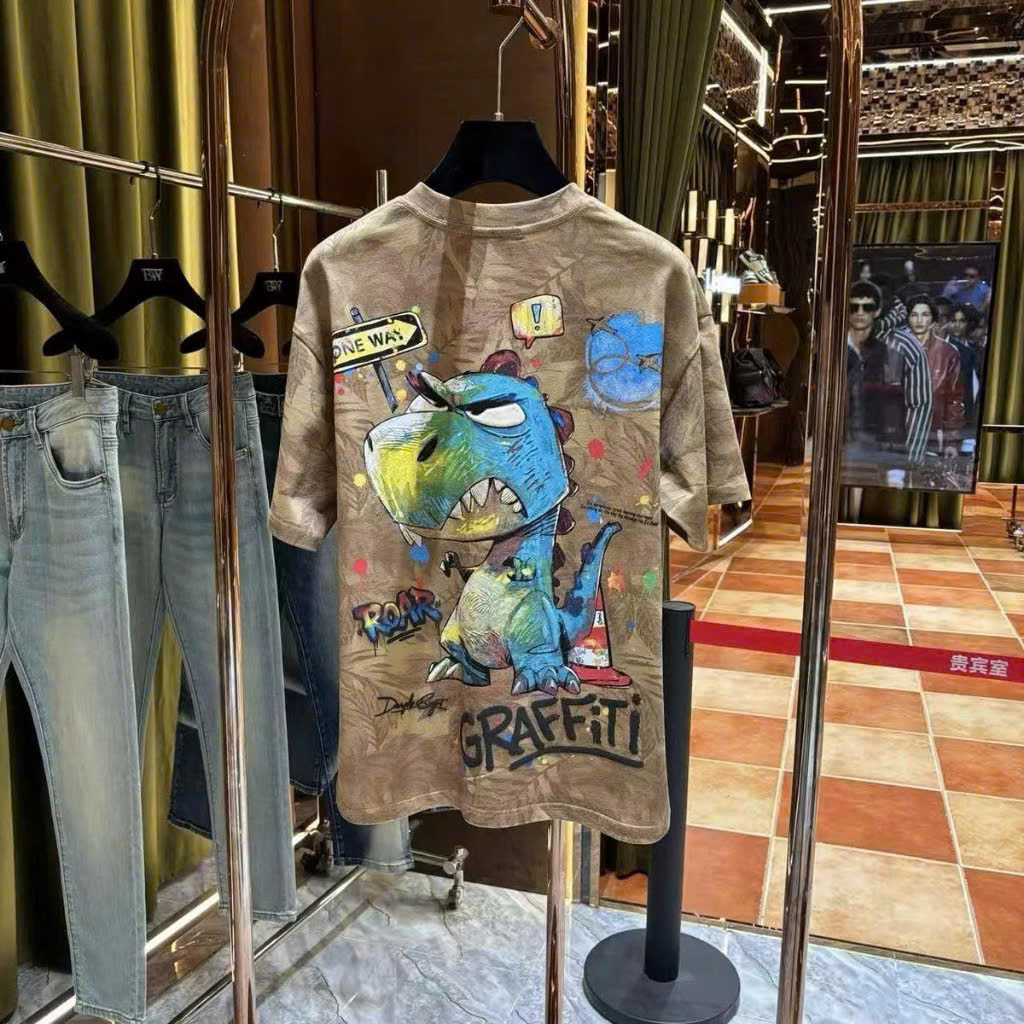 Áo Thun Vintage Tie Dye Khủng Long Graffiti Form Rộng Unisex Size M-3XL