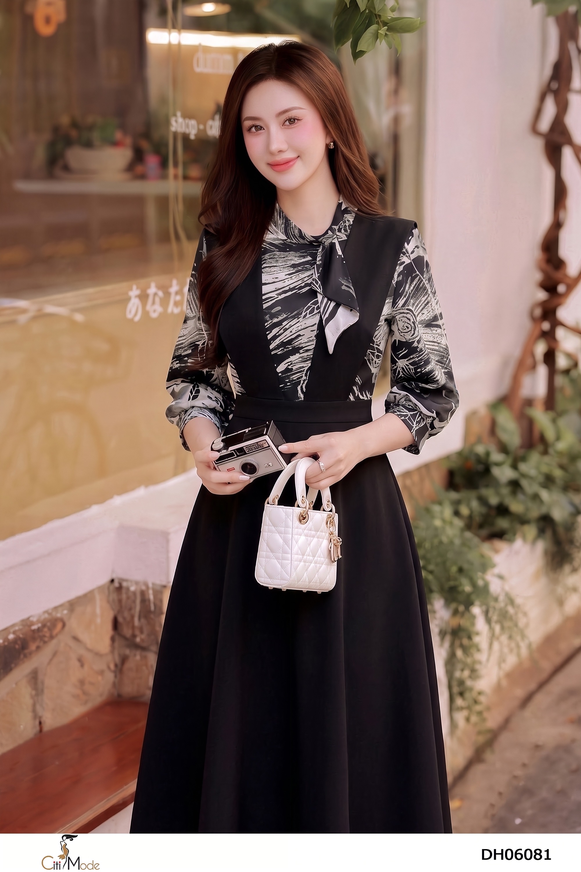 Đầm xòe đen phối họa tiết cổ nơ, tay lỡ_thumbnail_2