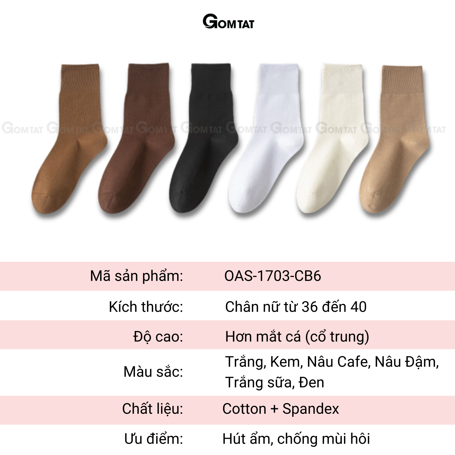 Combo 6 đôi tất nữ cổ trung GOMTAT dệt kim, vớ chân nữ trơn màu mềm mịn thoáng khí - OAS-1703-CB6_thumbnail_8