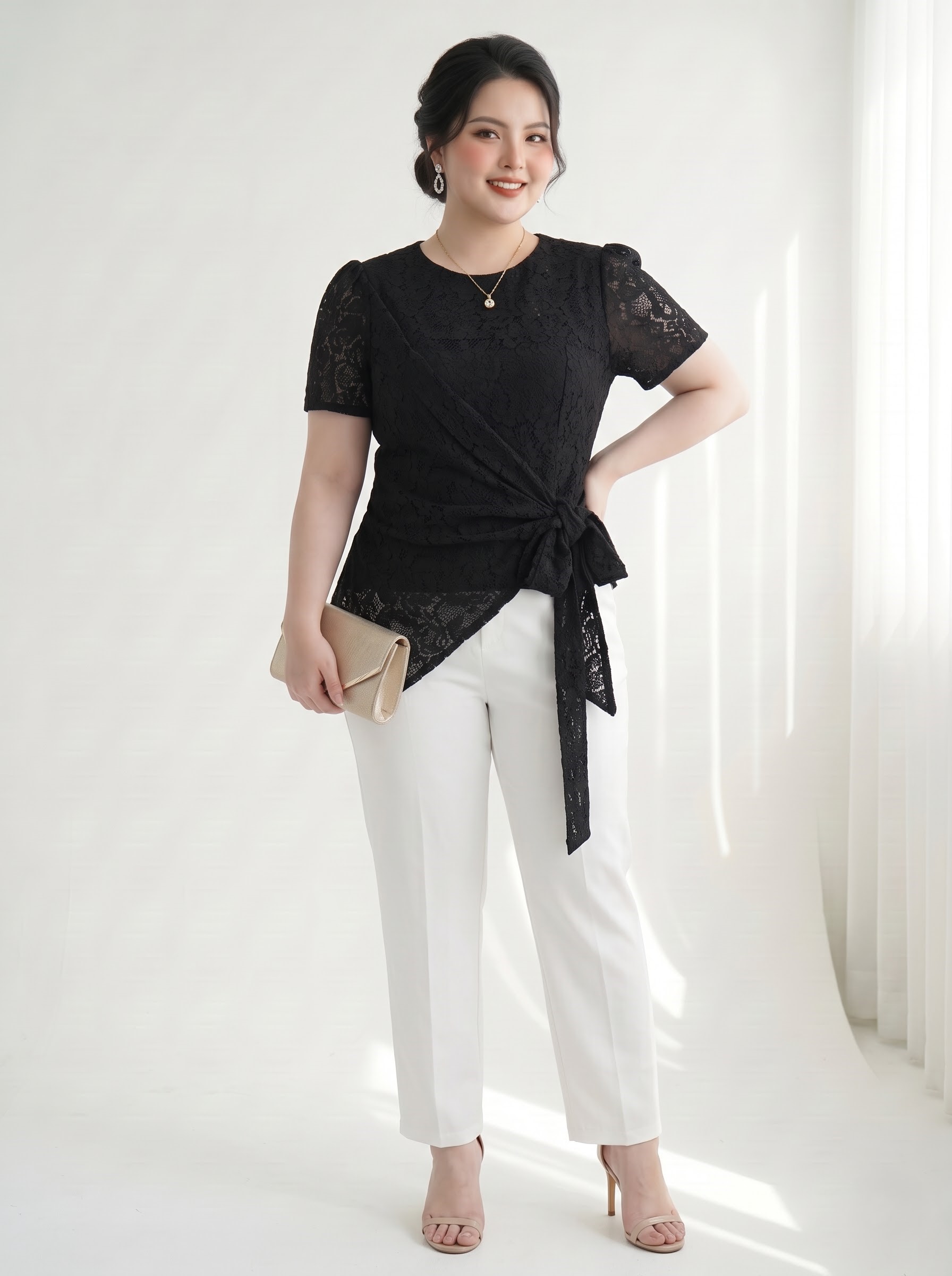 Áo Ren Hoa 2 Lớp Cột Nơ Bigsize Form Ôm Tạo Eo, Lót Cotton Lạnh - Đen - Vừa 55–90kg - V-AK124