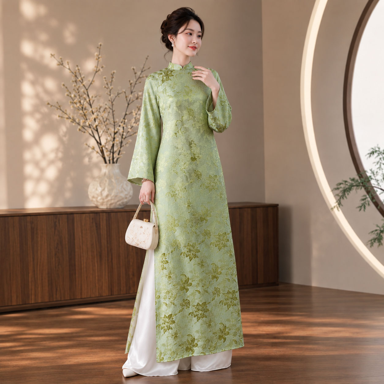 Áo Dài Cách Tân Nữ Dáng Suông Gấm Haiza Họa Tiết 2 Tà CT27-01_thumbnail_1