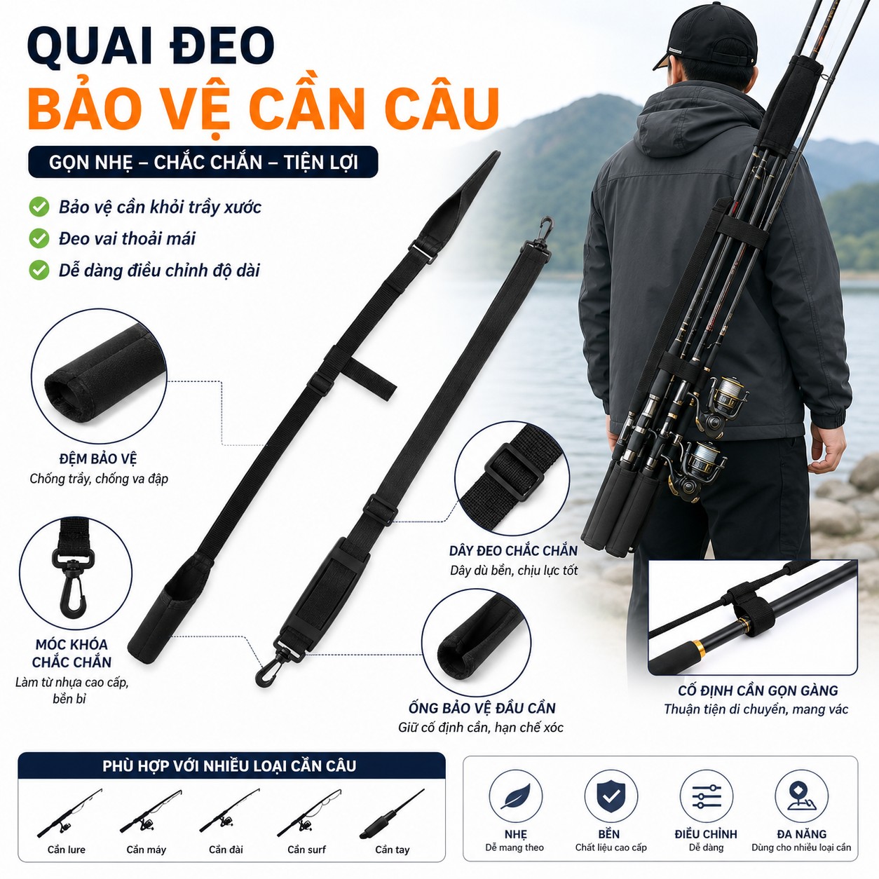 Bộ Quai Đeo Bảo Vệ Cần Câu 2 Khúc Ngắn 70cm-130cm