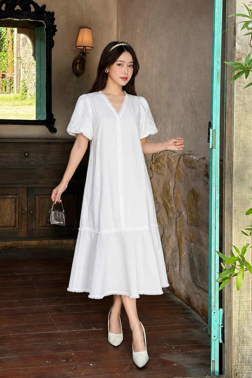 LV029 - VÁY TRẮNG TAY BỒNG