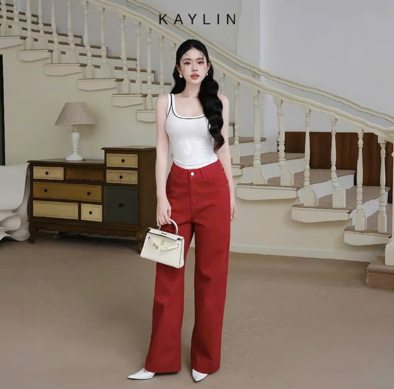 Quần Jean Suông Basic KAYLIN Đỏ Rượu