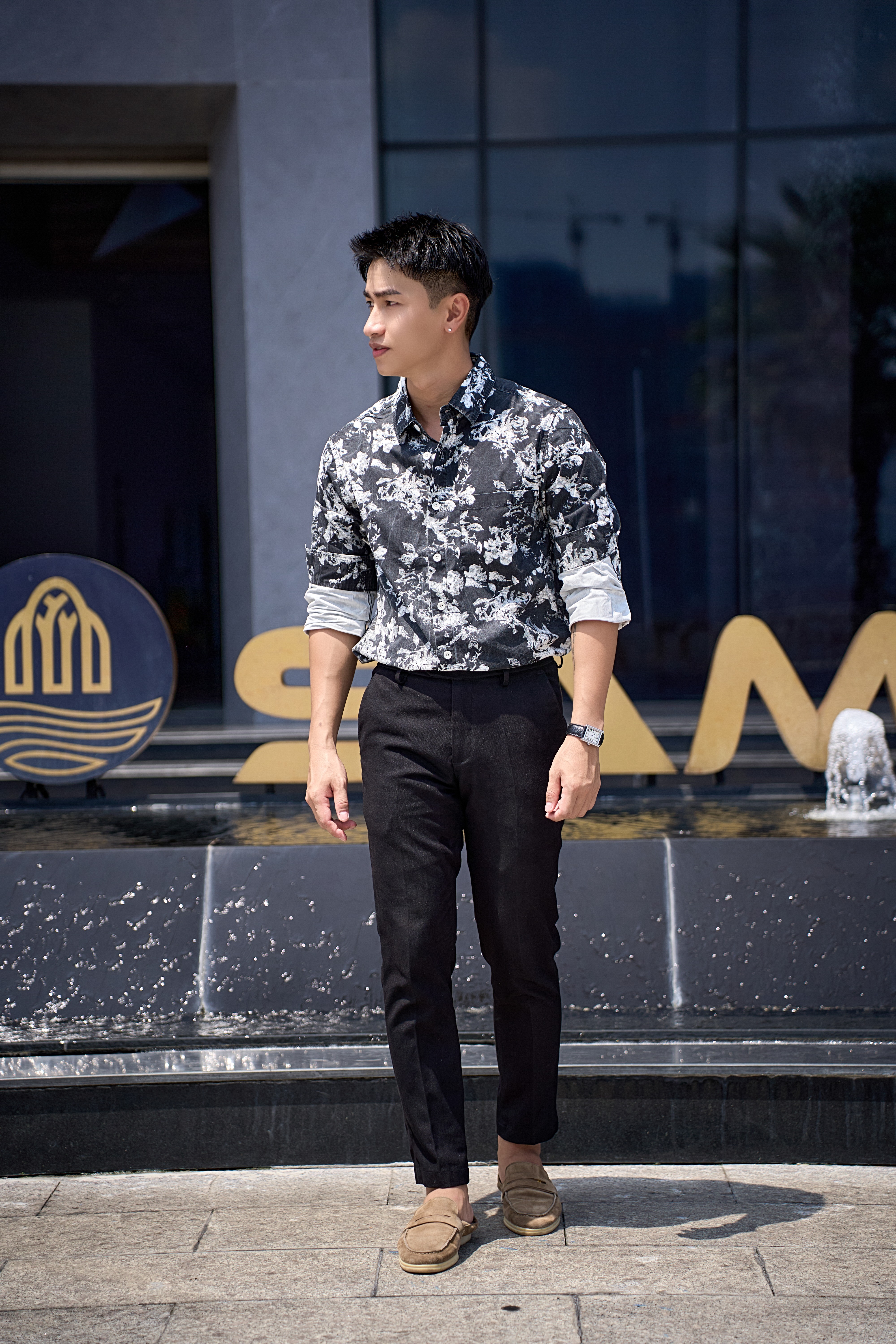 SA109 - Áo Sơ Mi Nam Tay Dài Phong Cách Nhật Bản In Hoa Đen Trắng Thời Trang_thumbnail_7