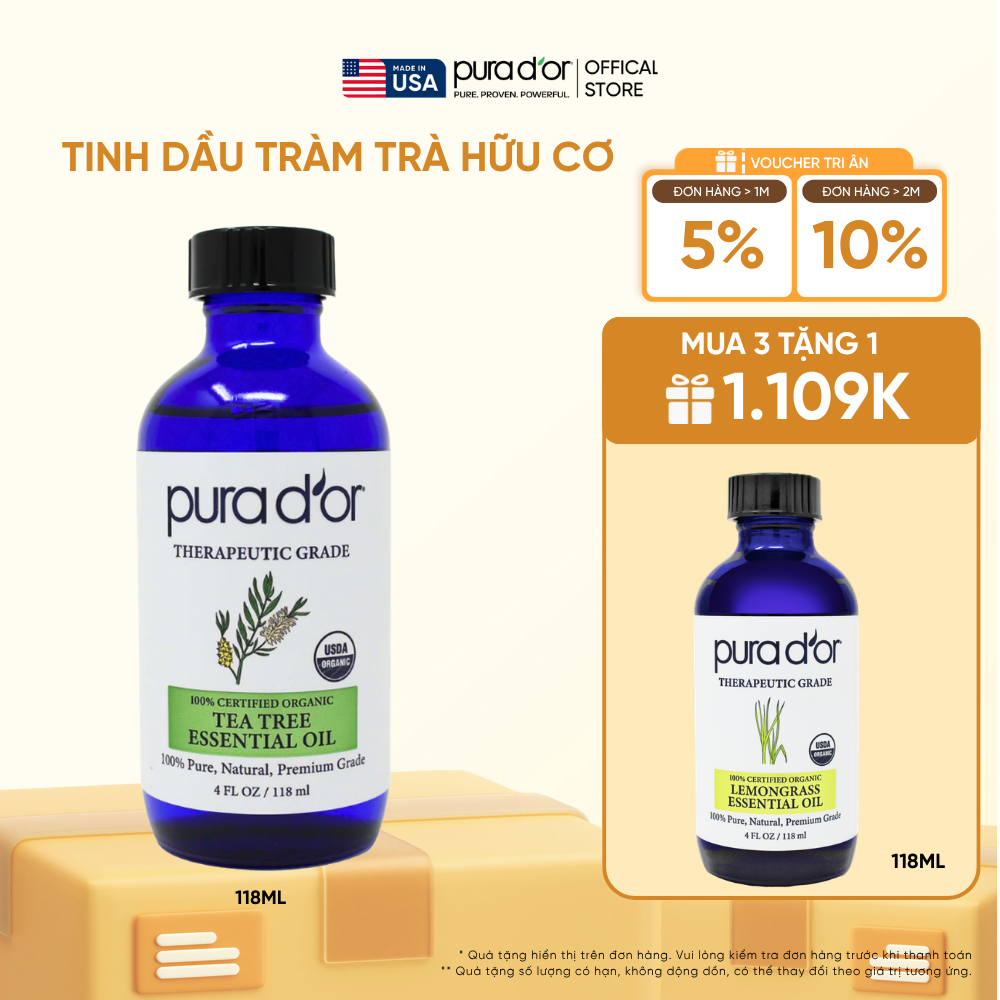 Tinh Dầu Tràm Trà Hữu Cơ Pura D'or Therapeutic Grade Tea Tree Essential Oil 118ml