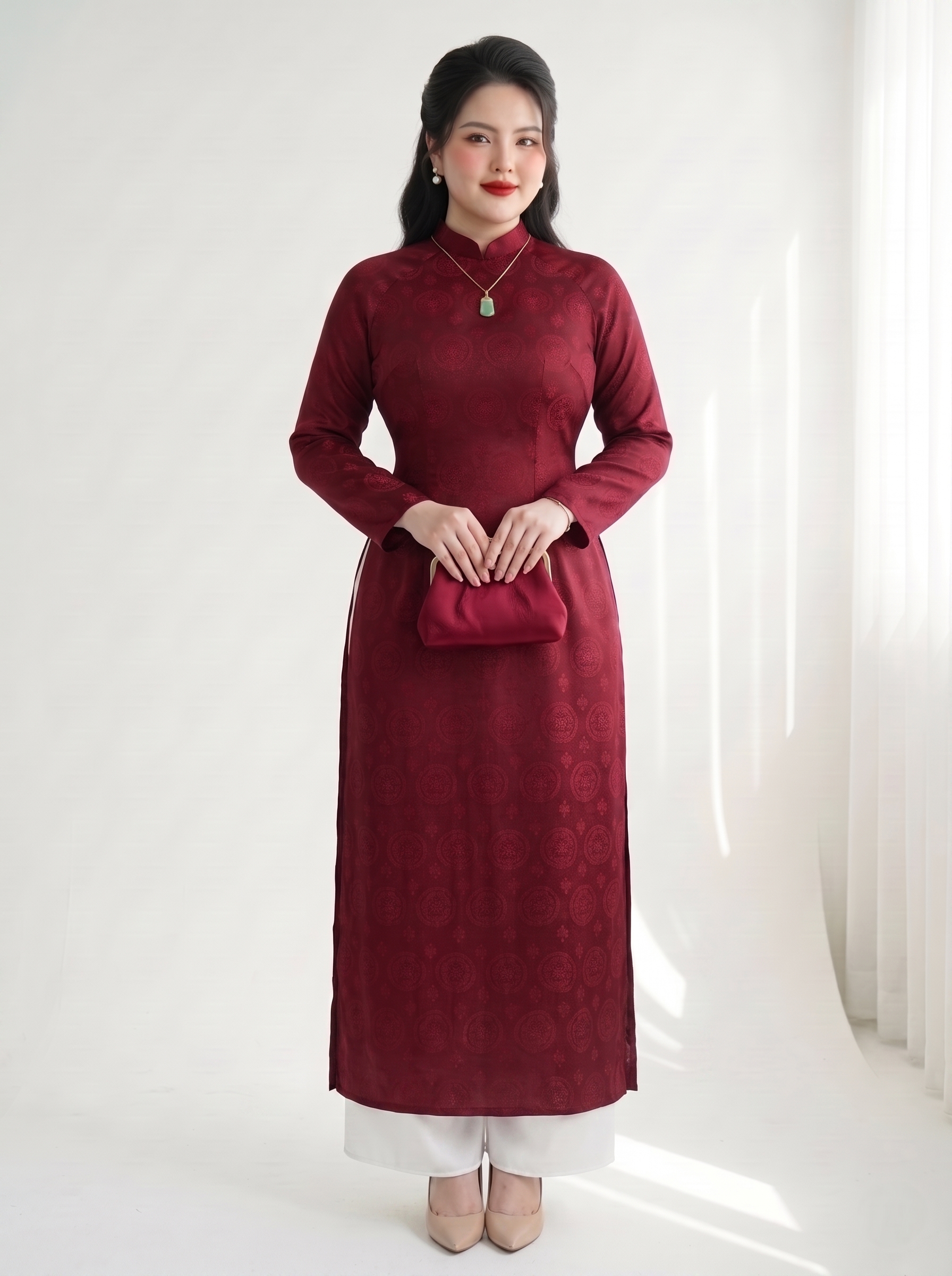 Set Áo Dài Tay Dài Raglan Bigsize Chiết Ly Tôn Dáng - Đỏ Đô Phối Quần Trắng - Vừa 55–90kg - V-SET021