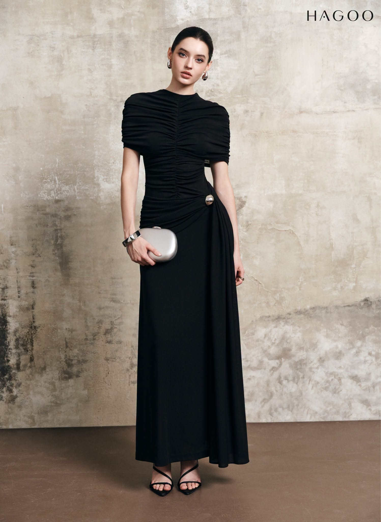 HAGOO ruched body, pleated skirt dress