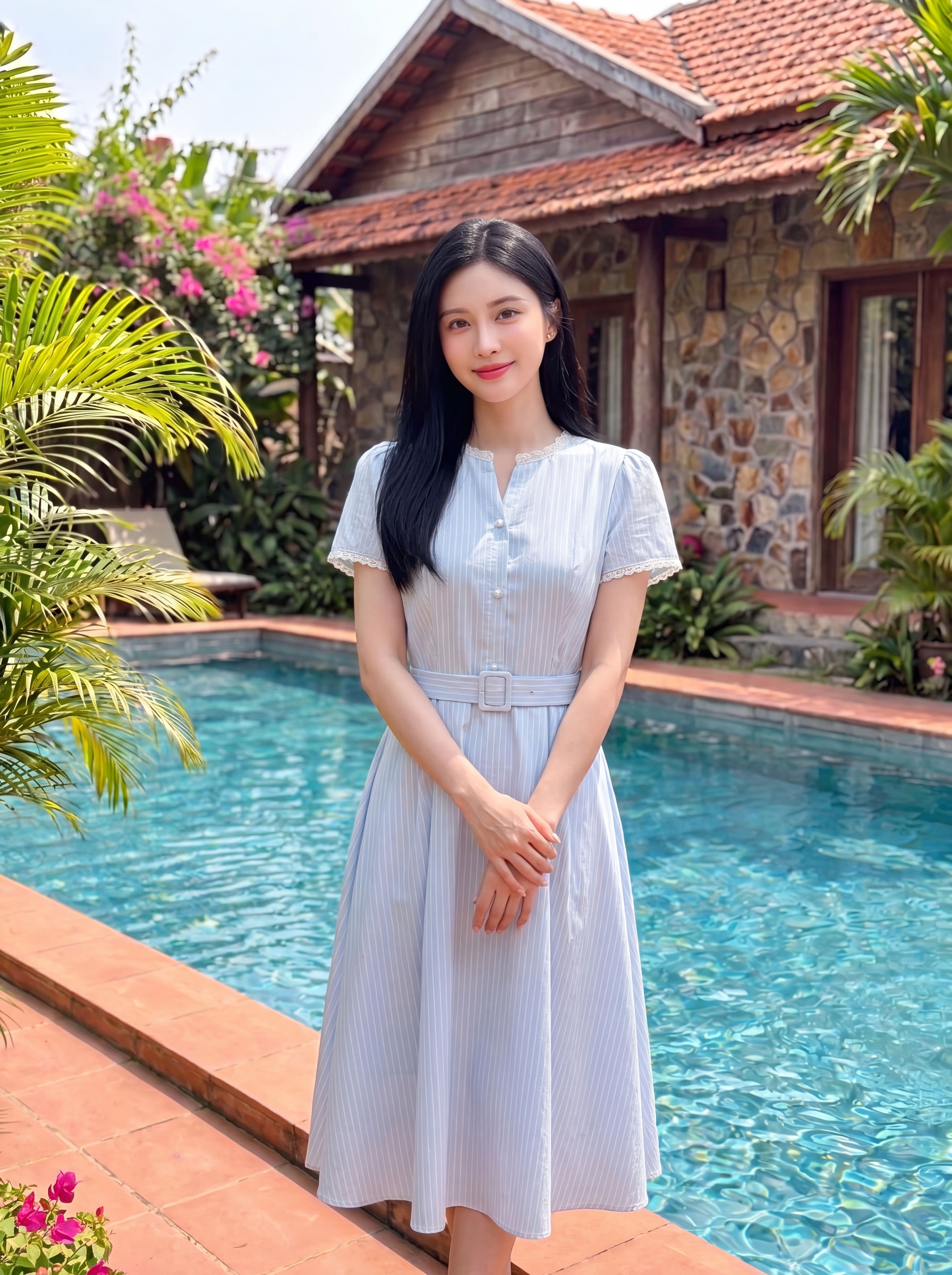 Váy cộc tay cổ phối ren 606011