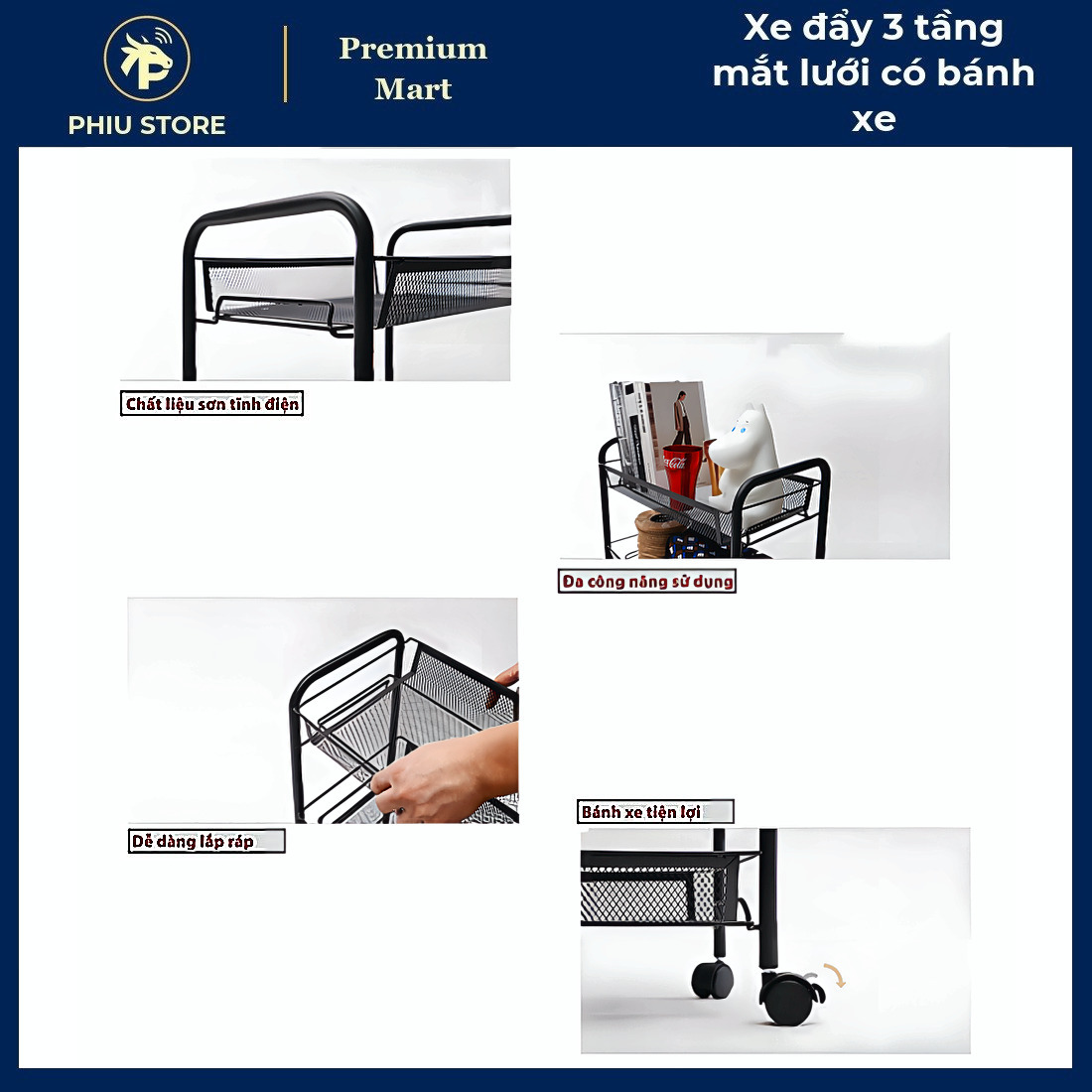 Kệ Để Đồ có Bánh Xe - Xe Đẩy 3 Tầng Mắt Lưới có Bánh Xe, Kệ Để Đồ 3 Tầng có Bánh Xe - PHIU STORE_thumbnail_5