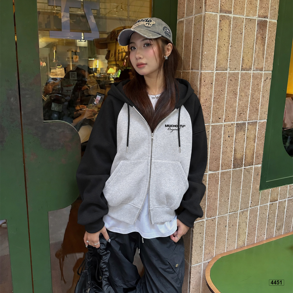 Áo hoodie zip Miucho form rộng raglan vải nỉ 2 da mềm mịn 4451_thumbnail_6