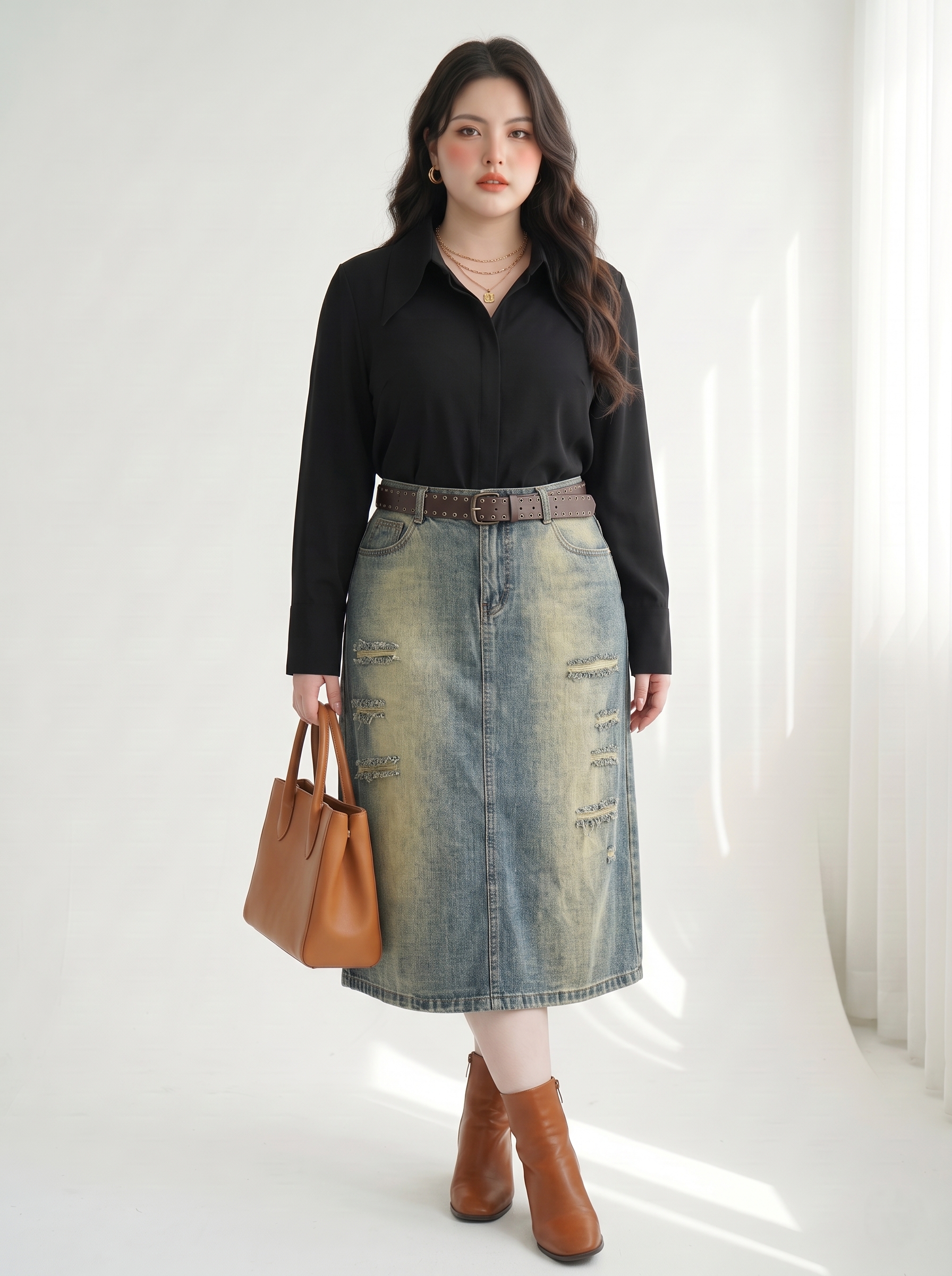 Chân Váy Jean Dài Xẻ Tà Sau Bigsize Phối Rách Cách Điệu - Xanh Nhạt/Xanh Đậm - Vừa 55-90kg - JV435_thumbnail_1