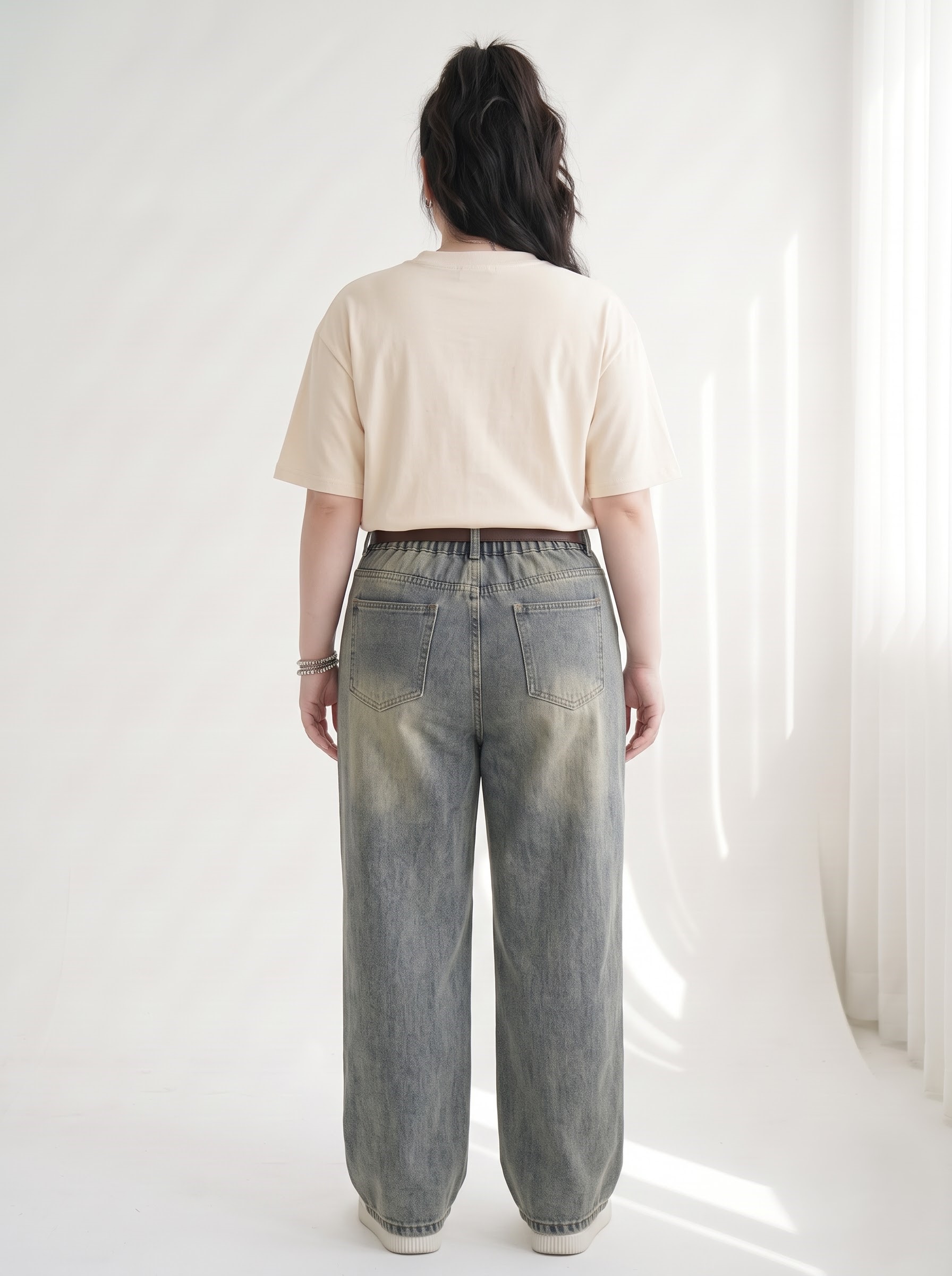Quần Jean Suông Phối Đinh Lưng Thun Bigsize Nữ Không Co Giãn Dài 103–105cm Vừa 58–90kg - T-QJ643