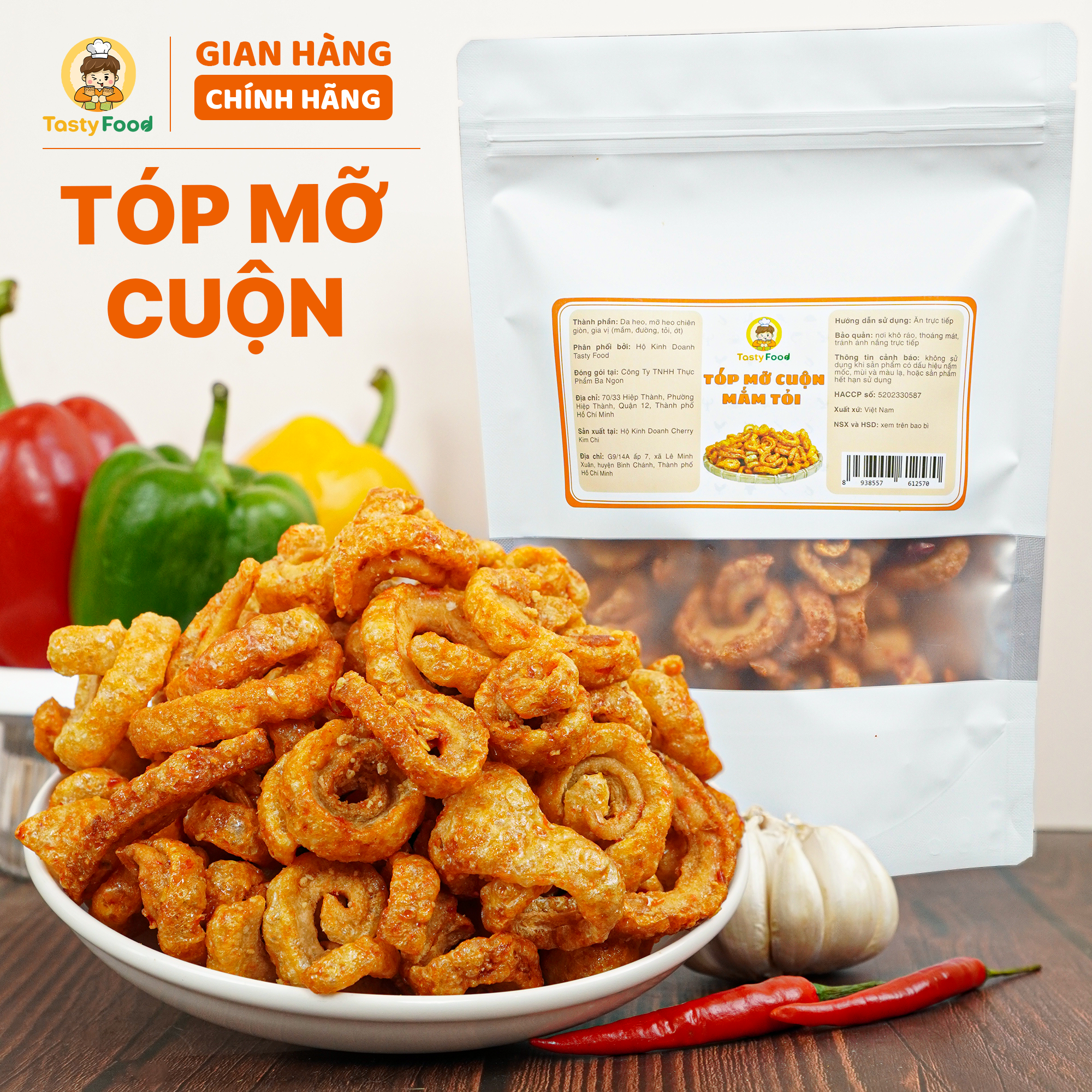 Tóp mỡ mắm tỏi cuộn giòn Tasty Food - Túi zip 500g - Hút chân không