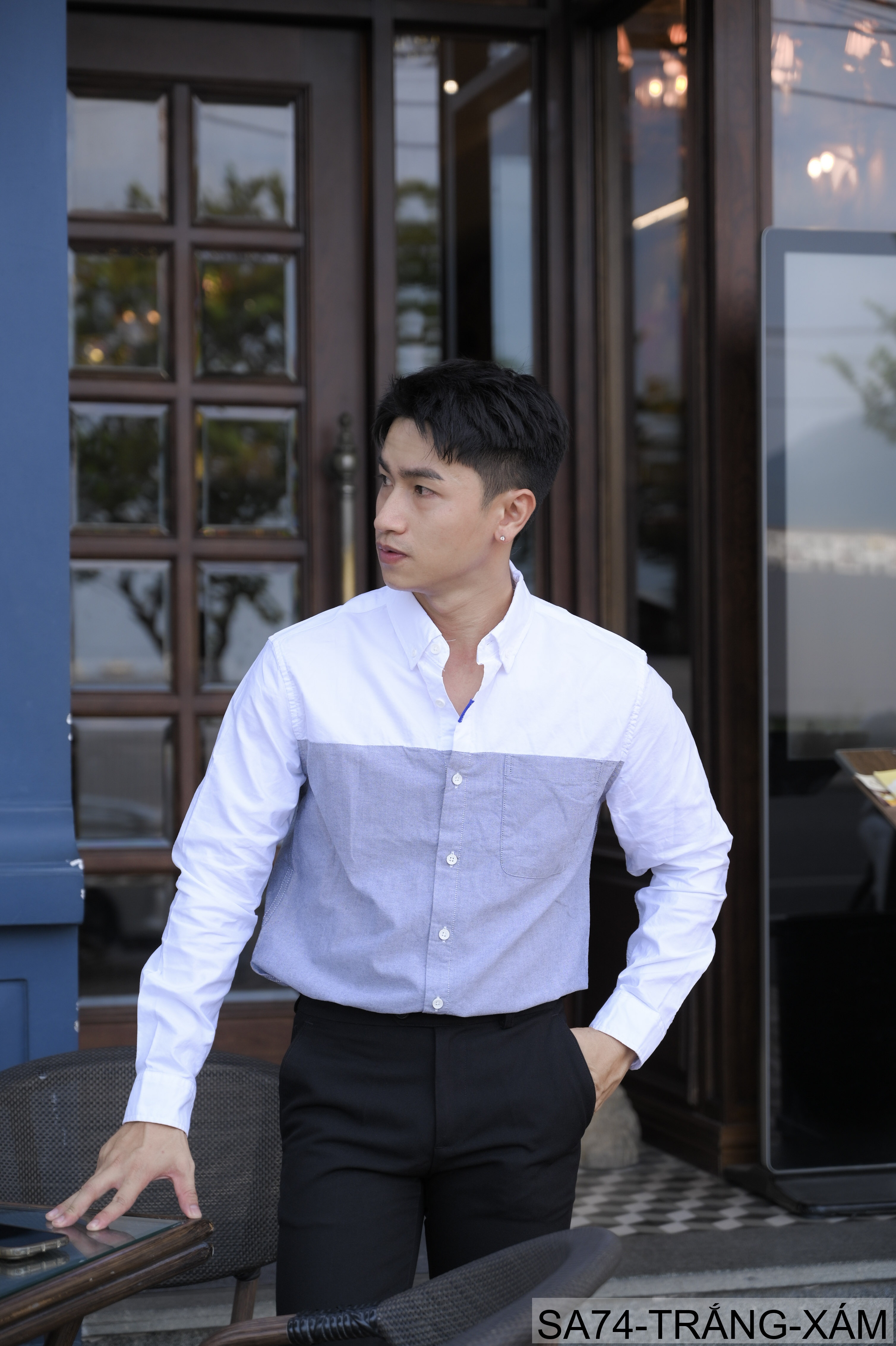 SA74 - Áo sơ mi nam dài tay Oxford kiểu Nhật, form rộng, chất cotton 100%, phối màu trắng xanh lá/xám_thumbnail_9