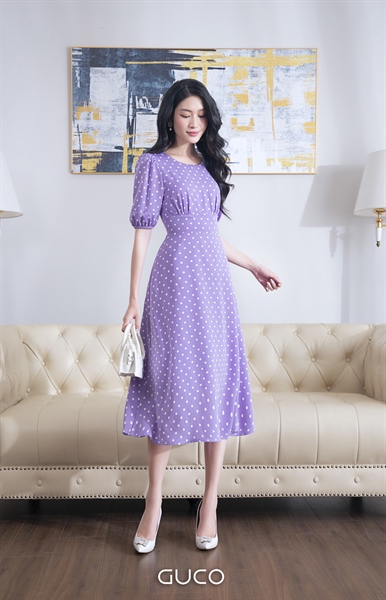 ĐẦM XÒE CHẤM BI CỔ TRÒN - TÍM XL
