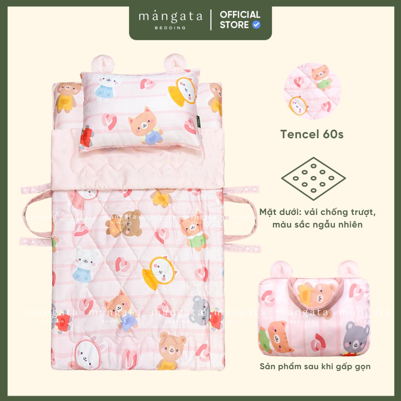 Mẫu Gấu tim hồng - Bộ chăn gối gấp gọn đi học