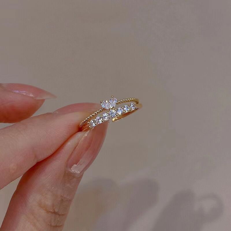 Bộ nhẫn hai mảnh hình trái tim tinh tế dành cho nữ, phong cách Hàn Quốc, đa năng, nhẫn đeo ngón trỏ hình trái tim đính đá zircon, sang trọng kín đáo, thiết kế độc đáo