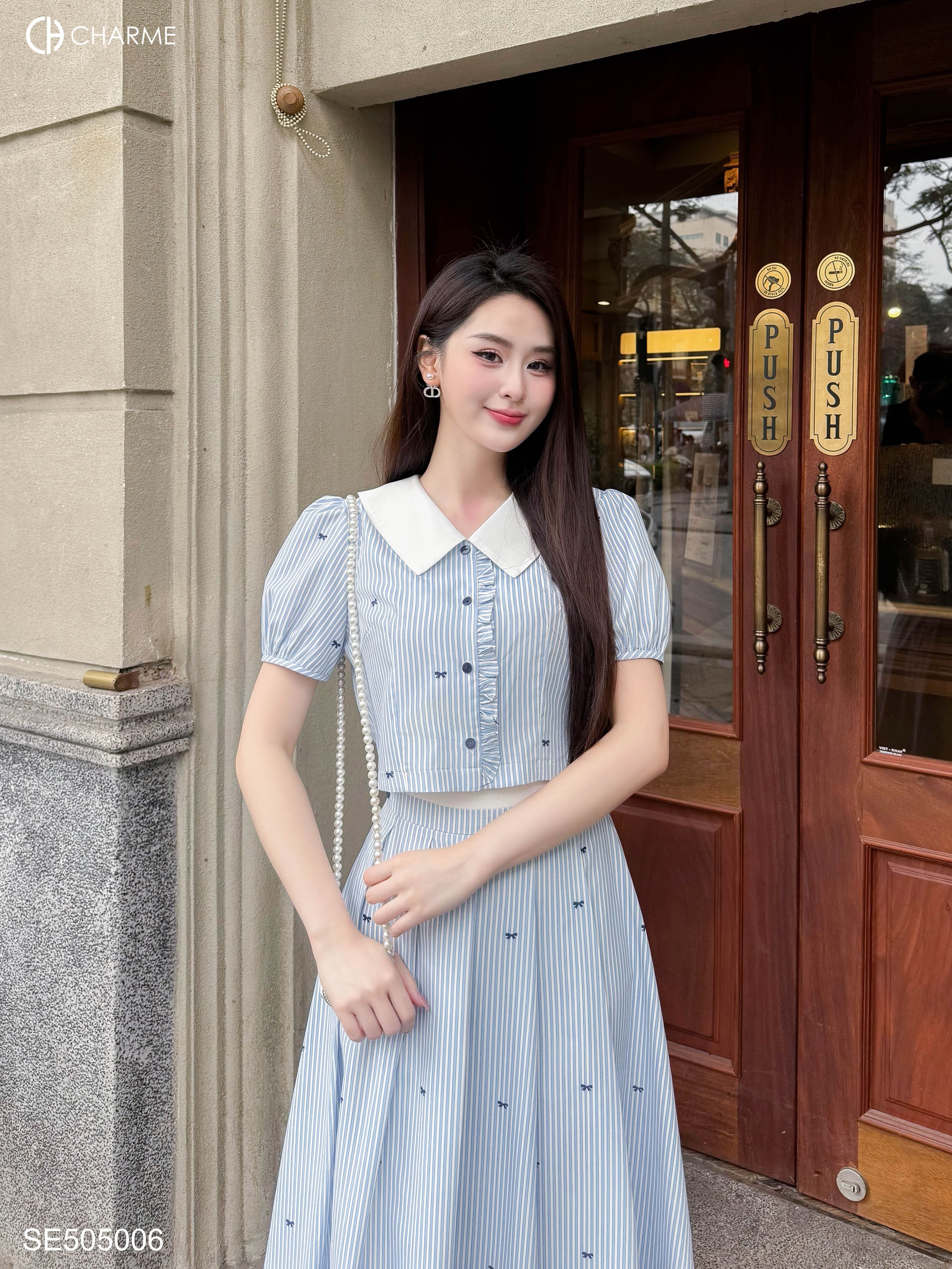 Set áo sơ mi cổ V chân váy xòe 505006
