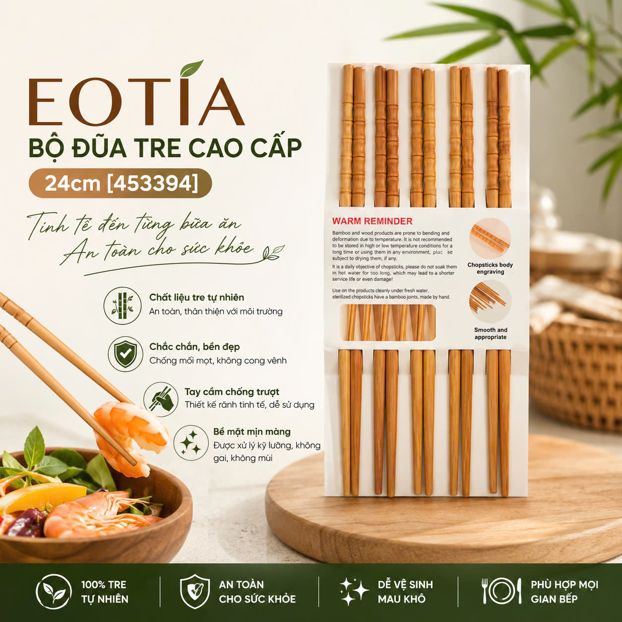SET 2 Bộ Đũa Tre Cao Cấp 24cm Eotia