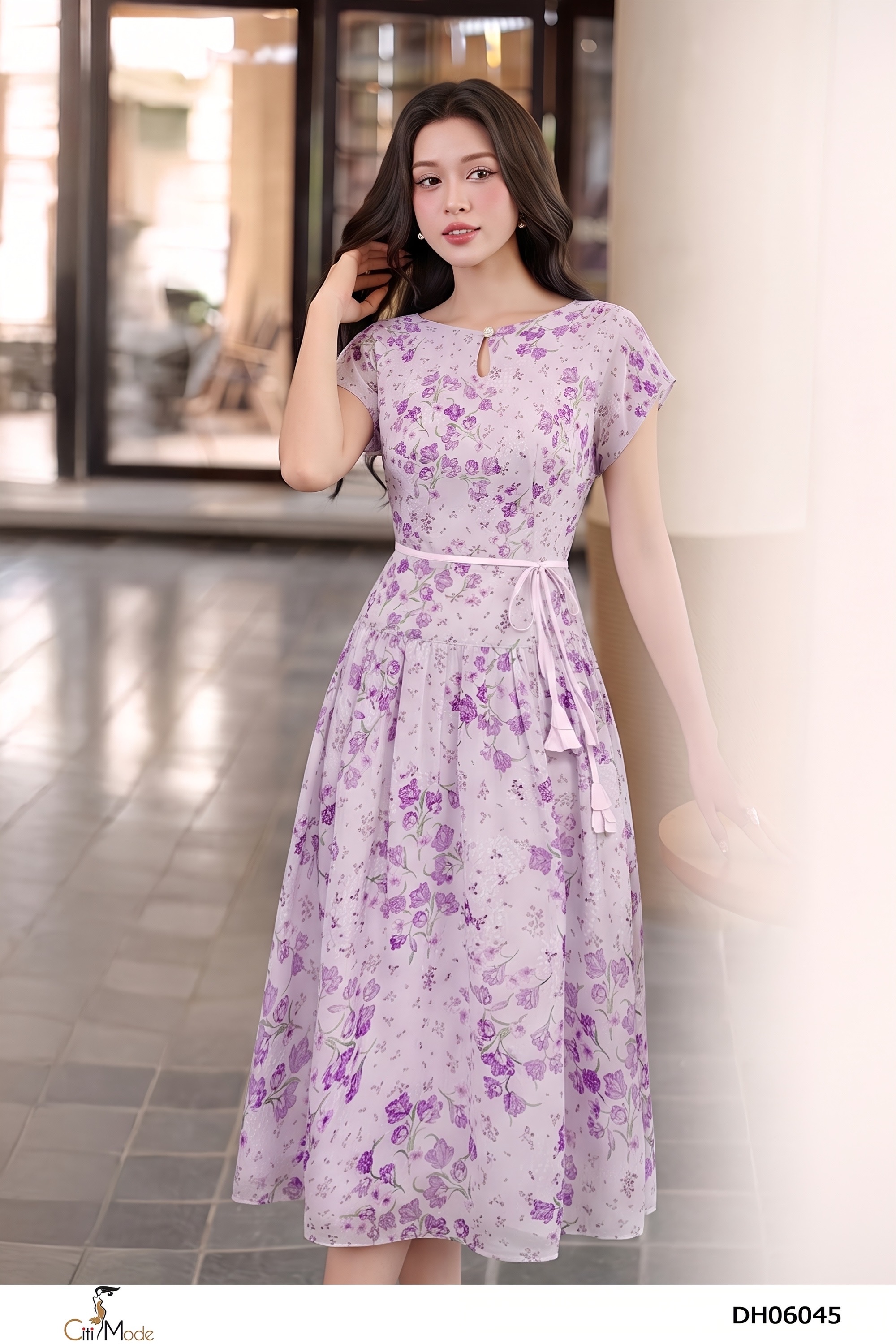 Đầm xòe tím cổ giọt lệ đai thắt eo