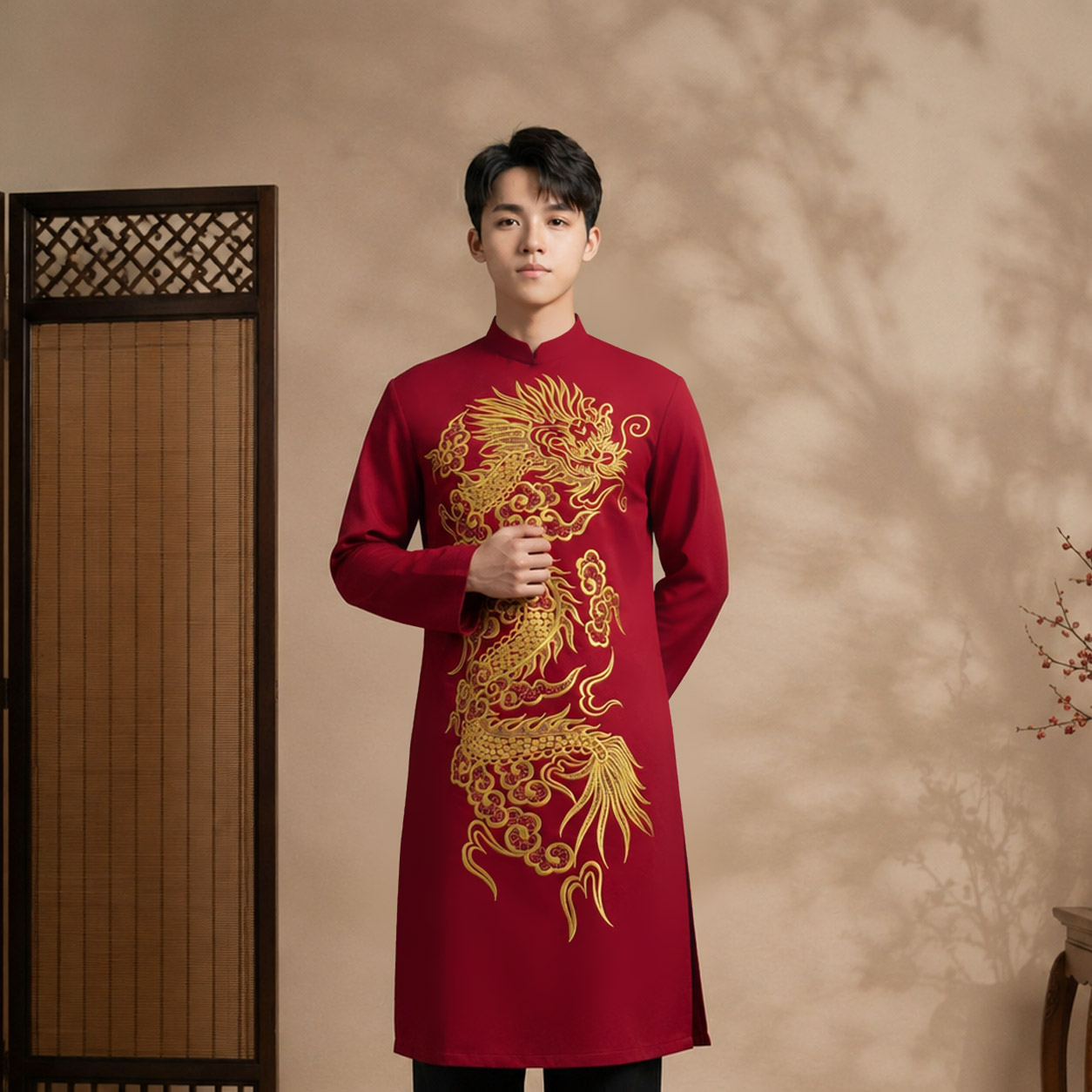 Áo Dài Nam Cách Tân Taffeta Thêu Rồng Vàng NA26-23_thumbnail_1