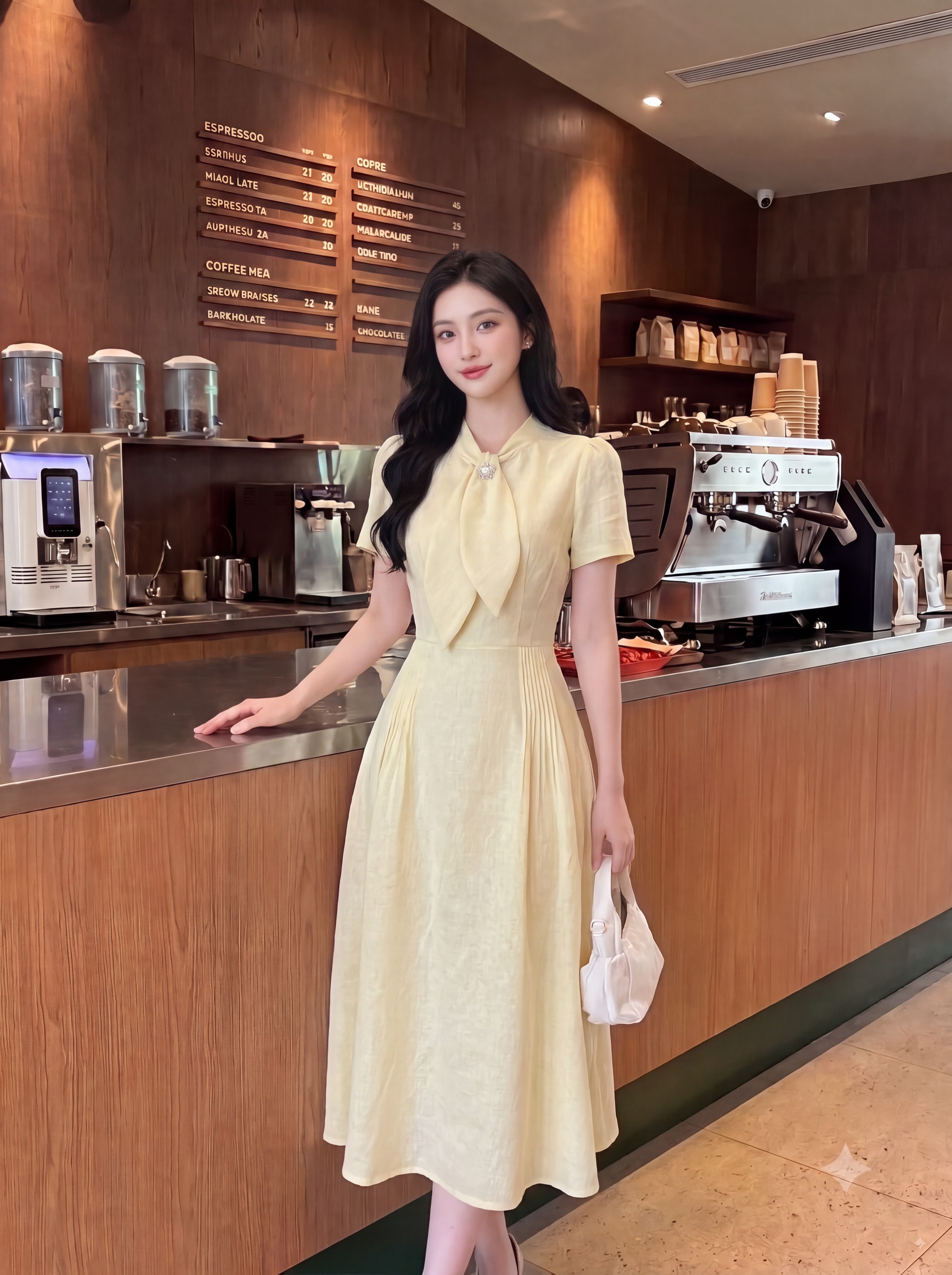 Váy đũi linen dài xòe cổ thắt nơ 606016
