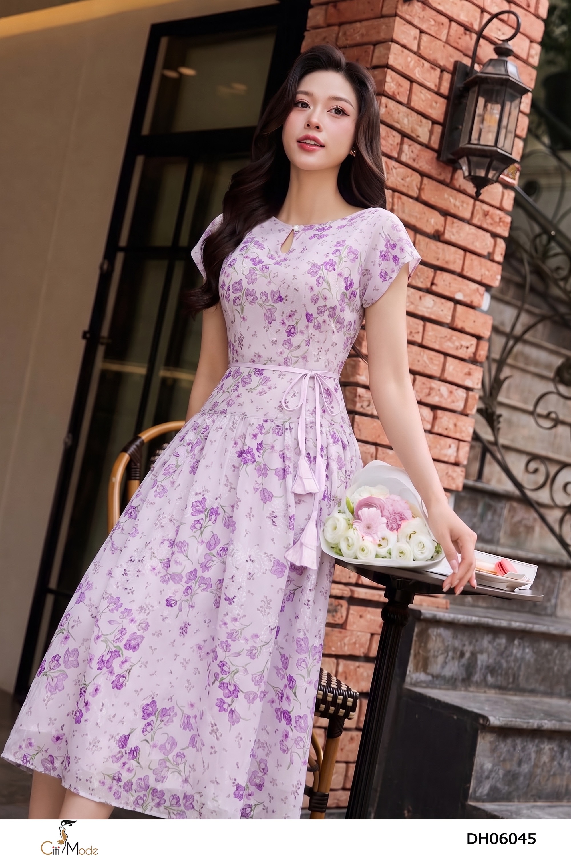 Đầm xòe tím cổ giọt lệ đai thắt eo_thumbnail_3