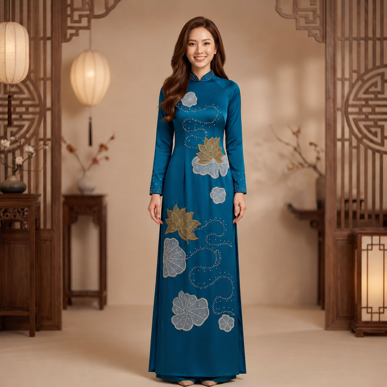Áo Dài Mẹ Cô Dâu Chú Rể Thêu Hoa Sen Xanh Cổ Vịt Sang Trọng AM26-16