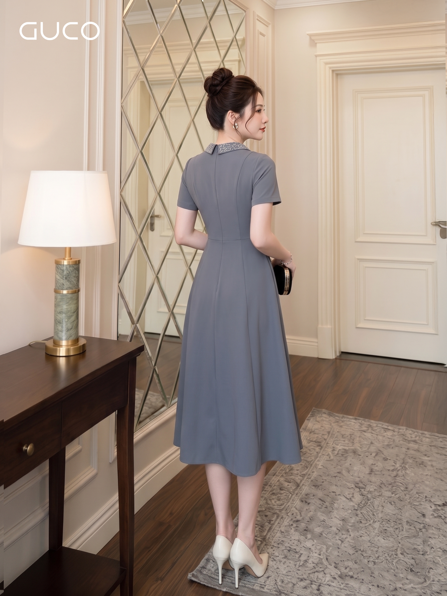 Đầm Xòe Xám Ghi Cổ Sơ Mi Đính Đá - 5238_thumbnail_1