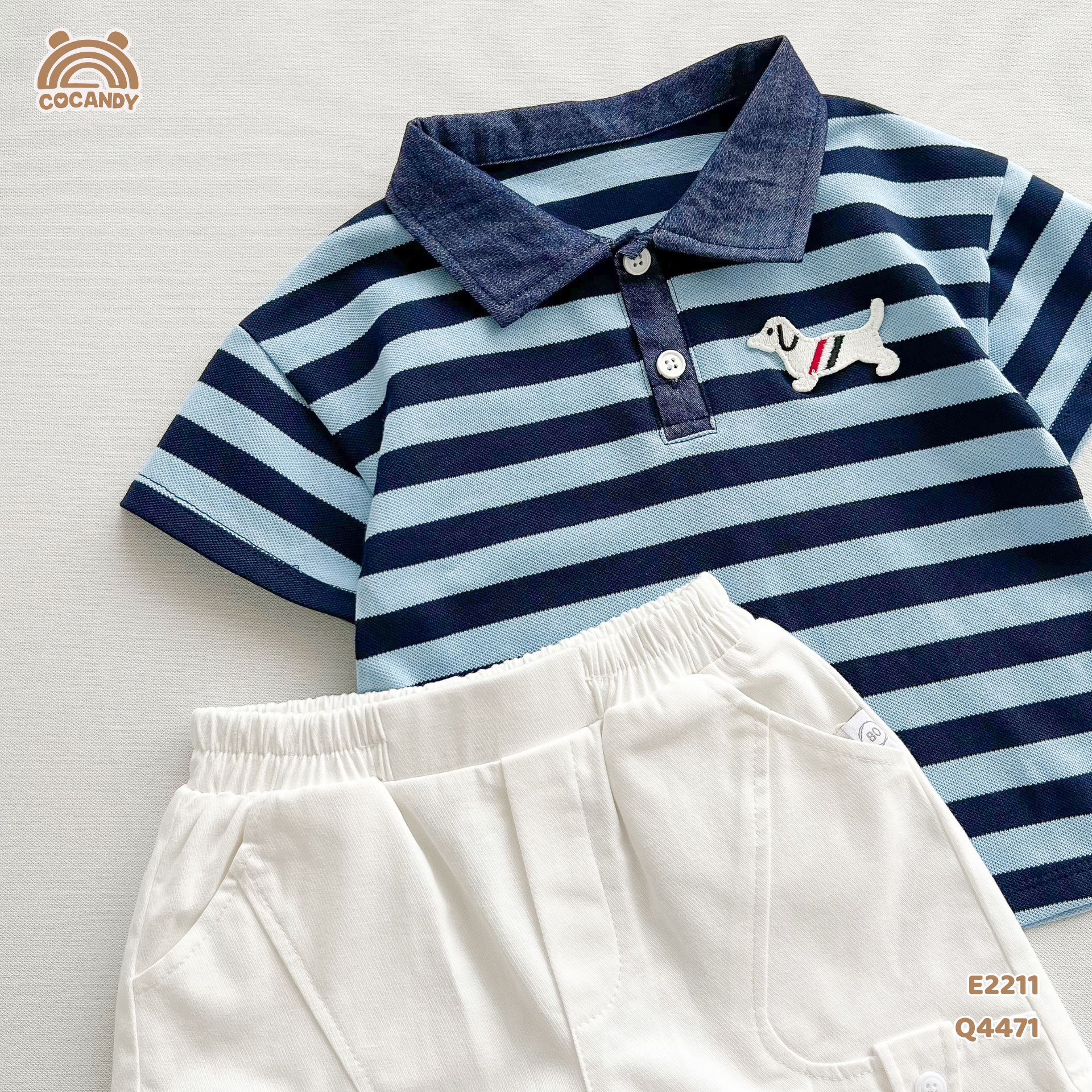 Áo cộc polo kẻ XANH NAVY nẹp cổ tag cún_thumbnail_6