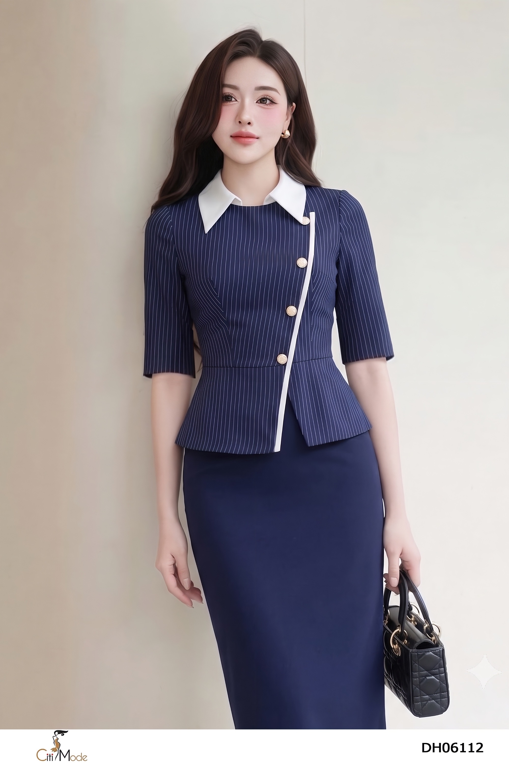 Đầm ôm xanh đen phối kẻ tím than cổ đức trắng tay lỡ_thumbnail_2