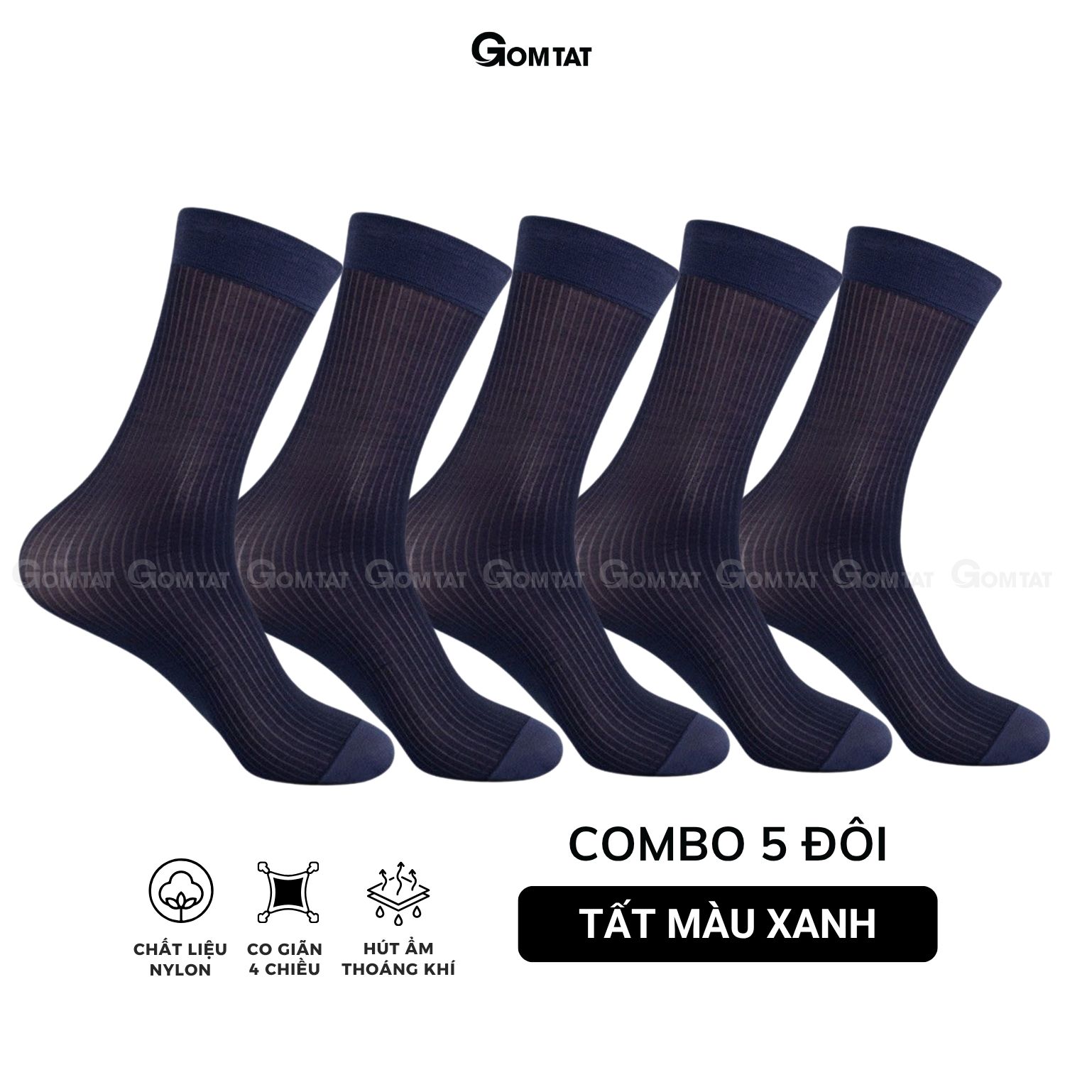Hộp 5 đôi vớ công sở nam GOMTAT chất nylon cao cấp, họa tiết sọc gân xuyên thấu GEN-A094