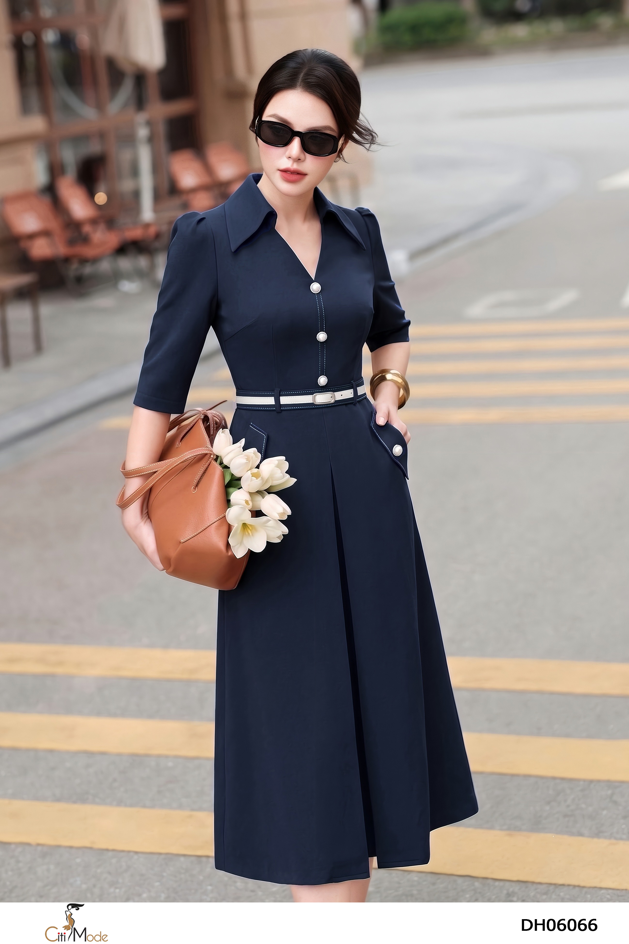Đầm dáng A xanh đen giả túi cổ đức tay lỡ_thumbnail_5