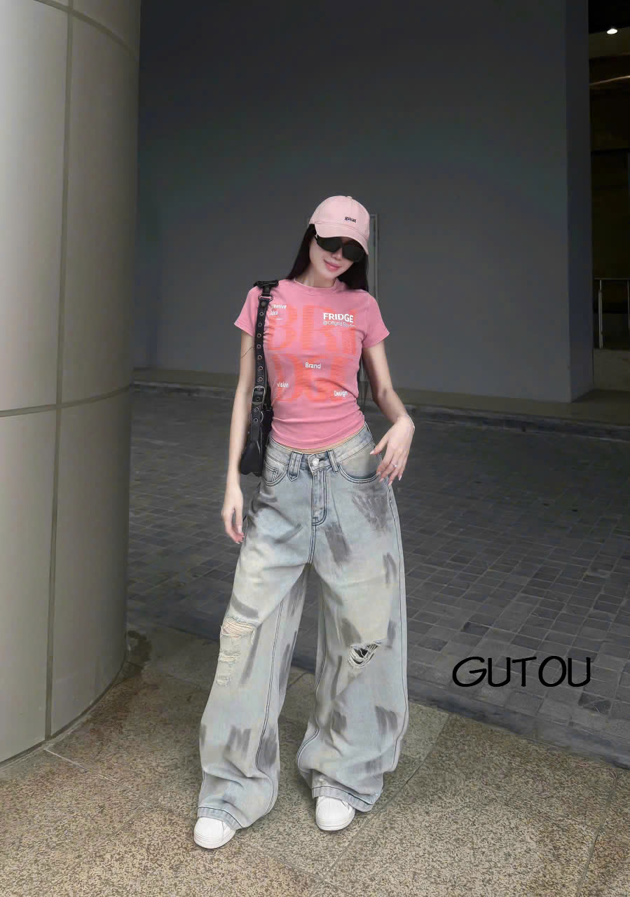 [ GUTOU ] Quần Jean Suông Wash Vệt Xám Rách Gối Street Style