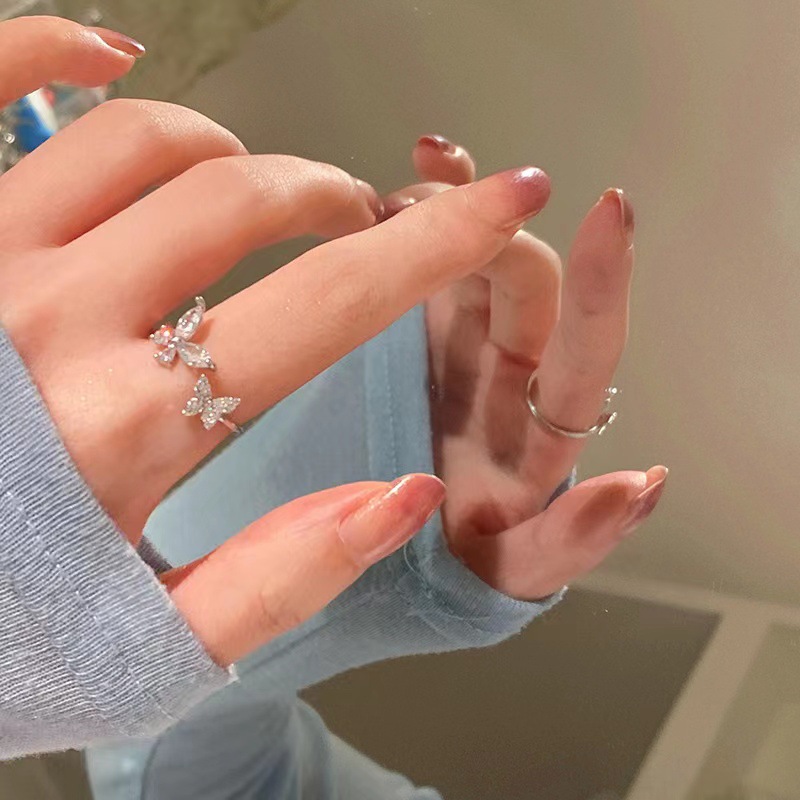 Nhẫn hình bướm phong cách Hàn Quốc, tinh tế, đính đá zircon vẽ siêu nhỏ, thiết kế hở, độc đáo, khác biệt, sang trọng nhẹ nhàng, cảm giác cao cấp, nhẫn đeo ngón trỏ thời trang dành cho nữ