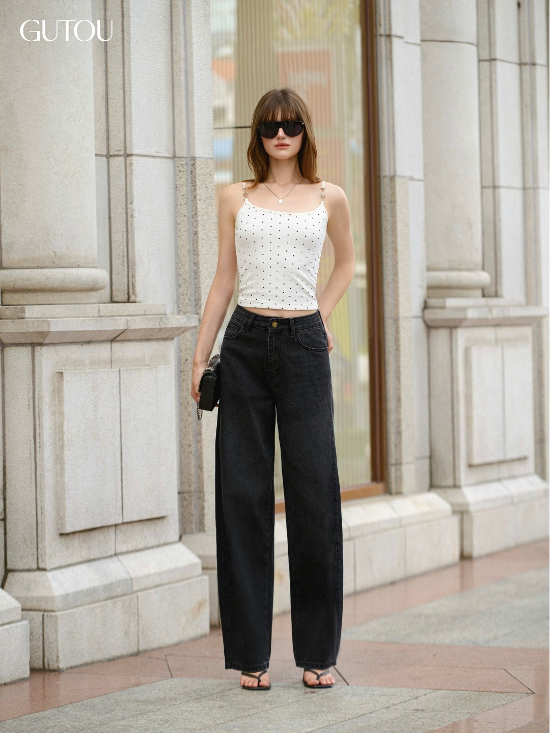 [ GUTOU ] Quần Jean Baggy Lưng Cao Phối Nắp Túi Thêu Slippery Basic