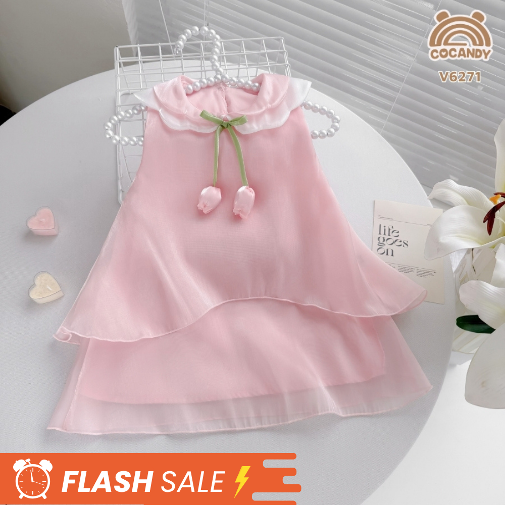 Váy sát nách tơ HỒNG phối cổ nơ nụ hoa
