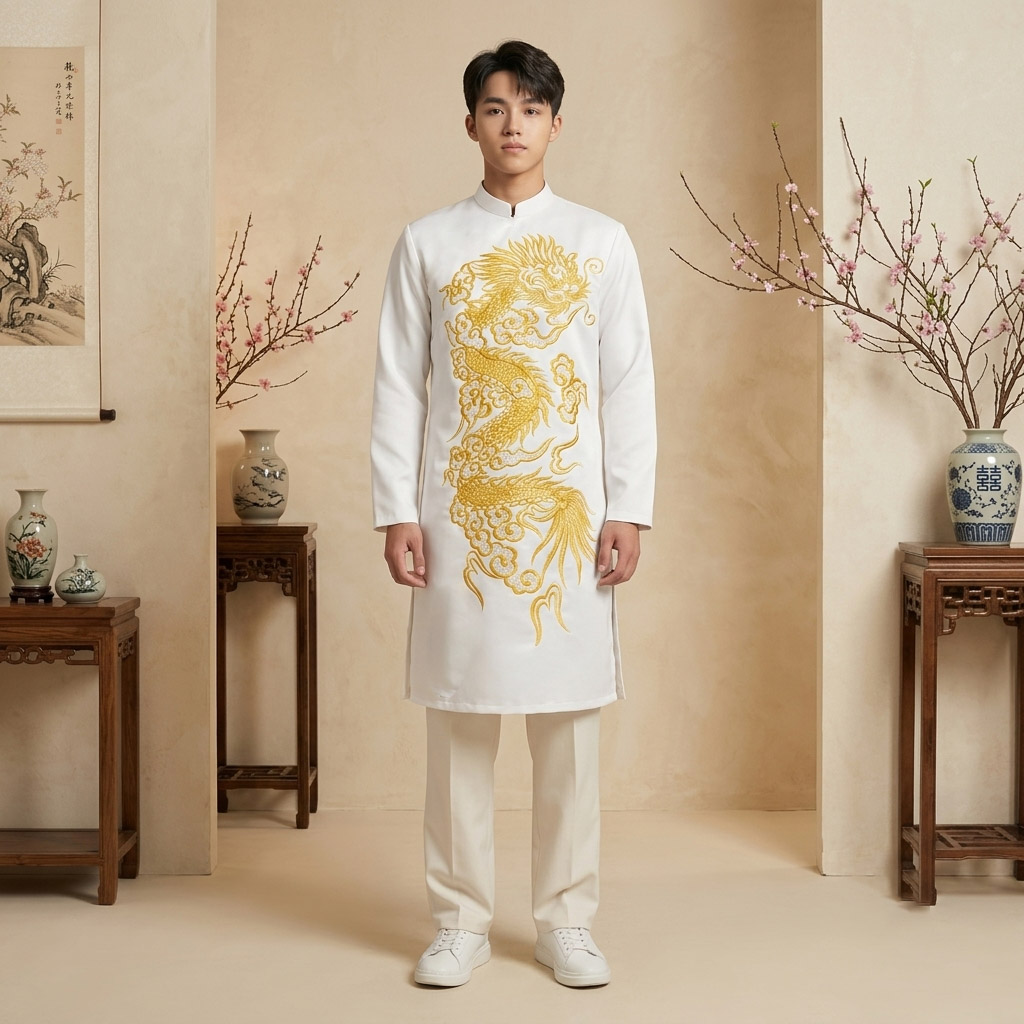 Áo Dài Nam Cách Tân Taffeta Thêu Rồng Vàng NA26-23_thumbnail_4