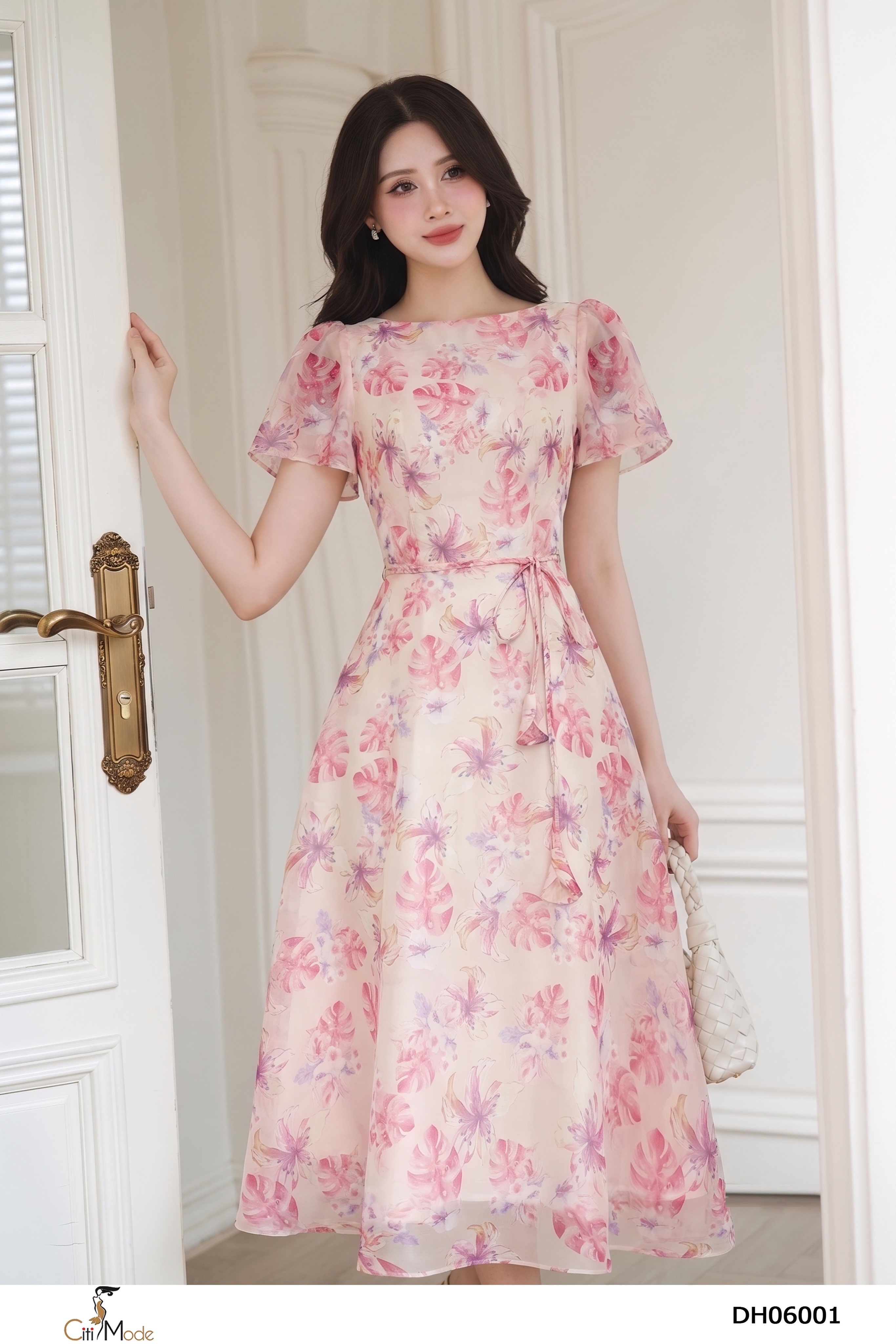 Đầm xòe hồng cổ thuyền thắt đai_thumbnail_3