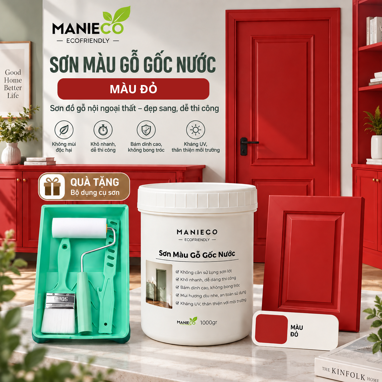 Màu Đỏ - Sơn Gỗ Gốc Nước Đổi Màu Manieco 1KG - Nội Ngoại Thất, Che Phủ Hoàn Toàn, Không Mùi