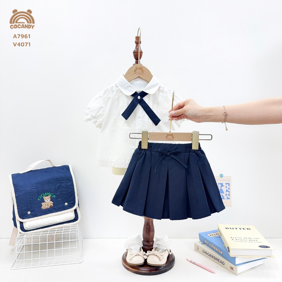 Chân váy XANH THAN xếp ly 1 nơ nhỏ