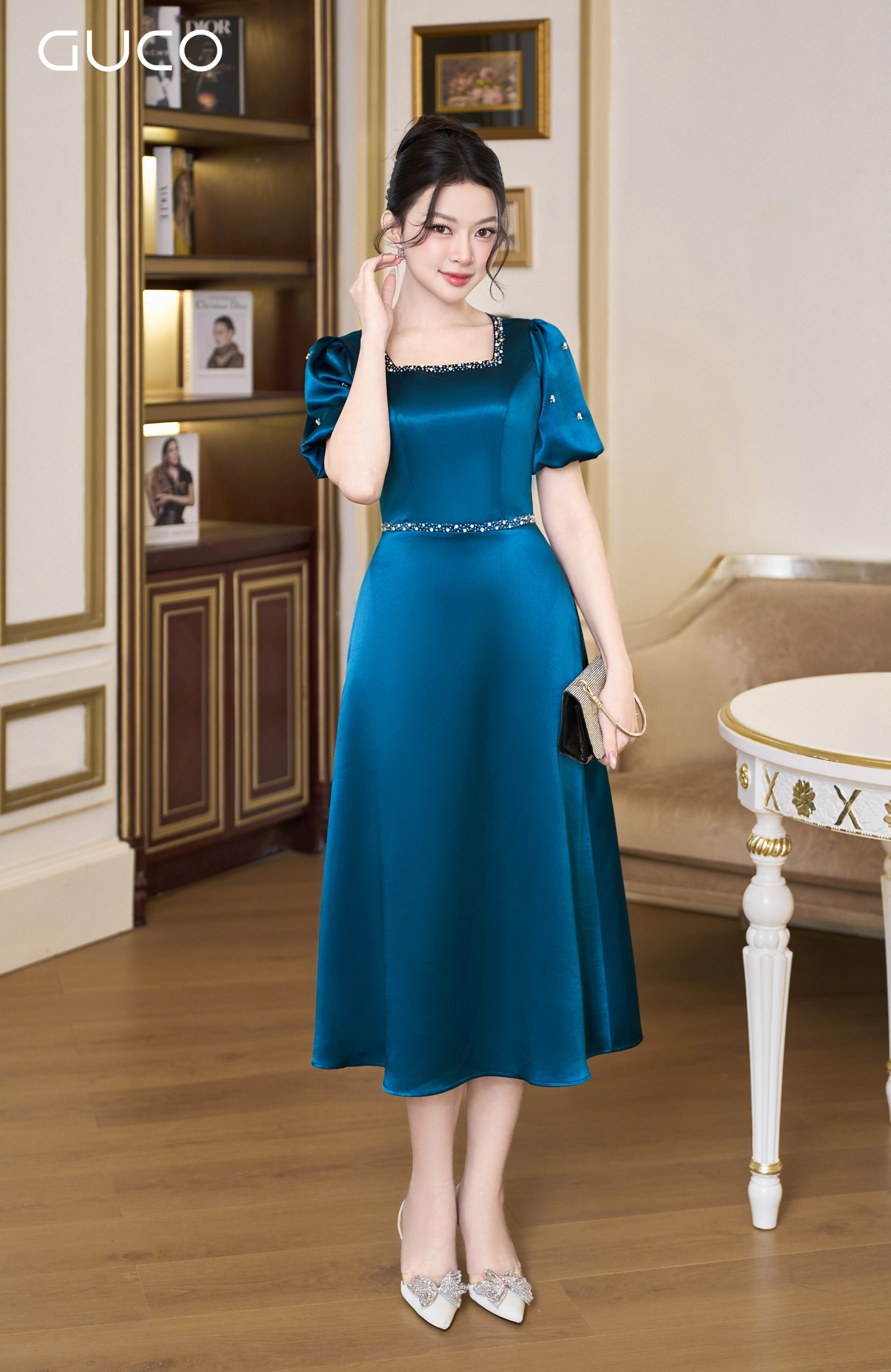 GUCO Đầm Xanh Dự Tiệc Đính Đá Thanh Lịch