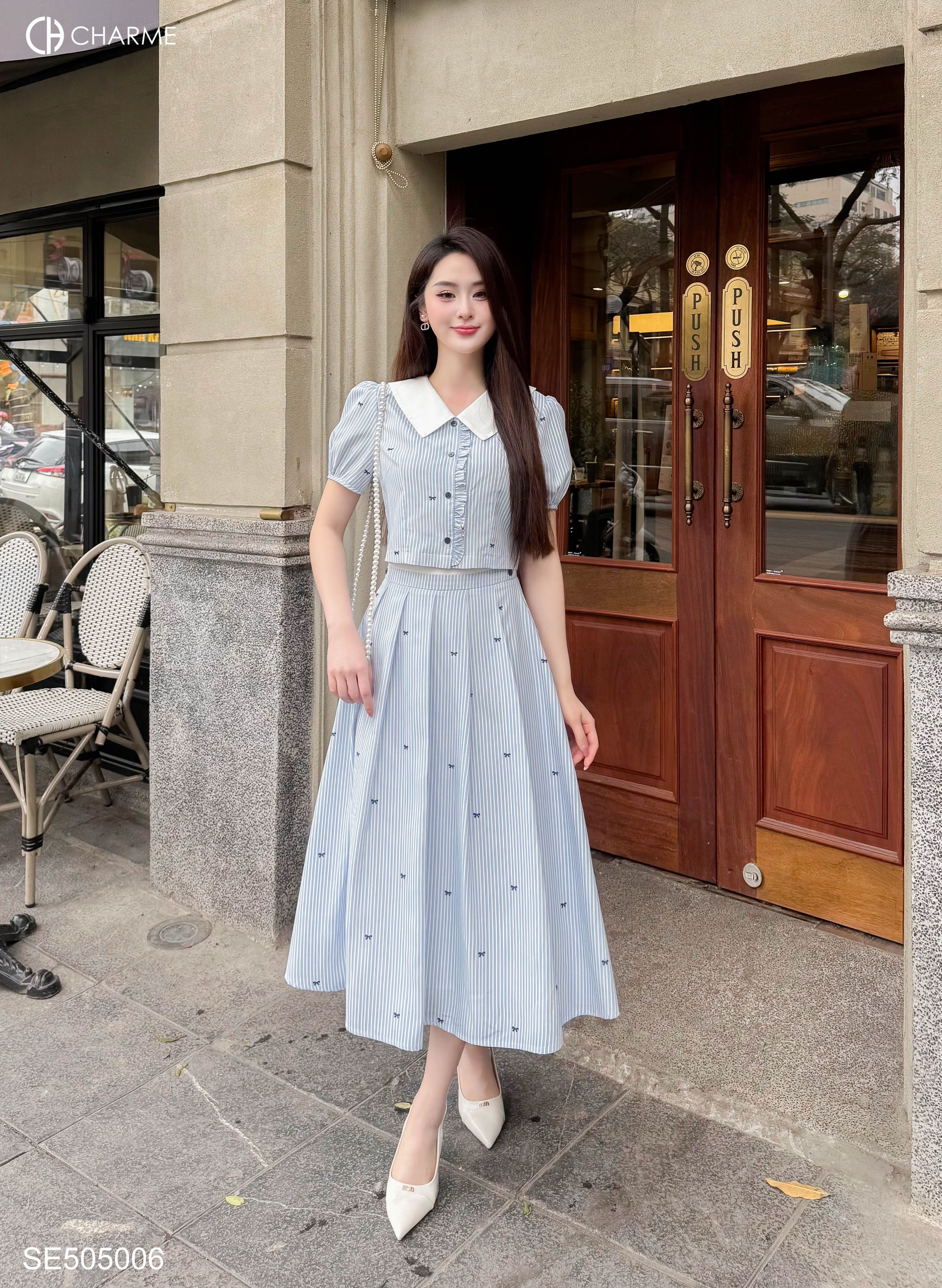 Set áo sơ mi cổ V chân váy xòe 505006