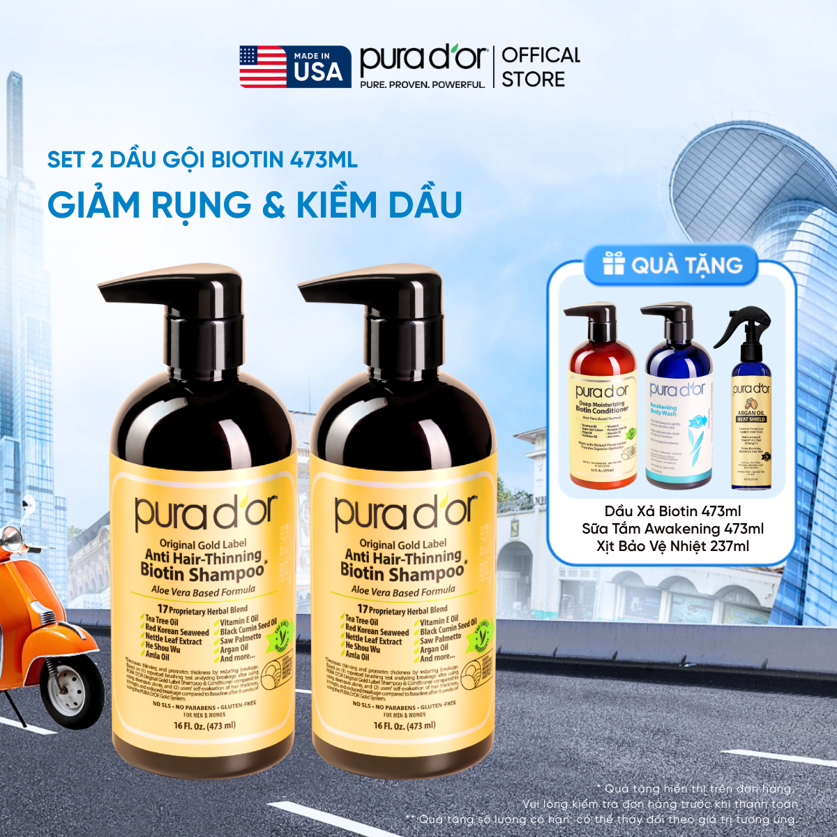 Set 2 Dầu Gội Biotin Pura D'or Original Gold Label Chăm Sóc Da Đầu, Giảm Rụng Tóc, Hỗ Trợ Mọc Tóc 473ml