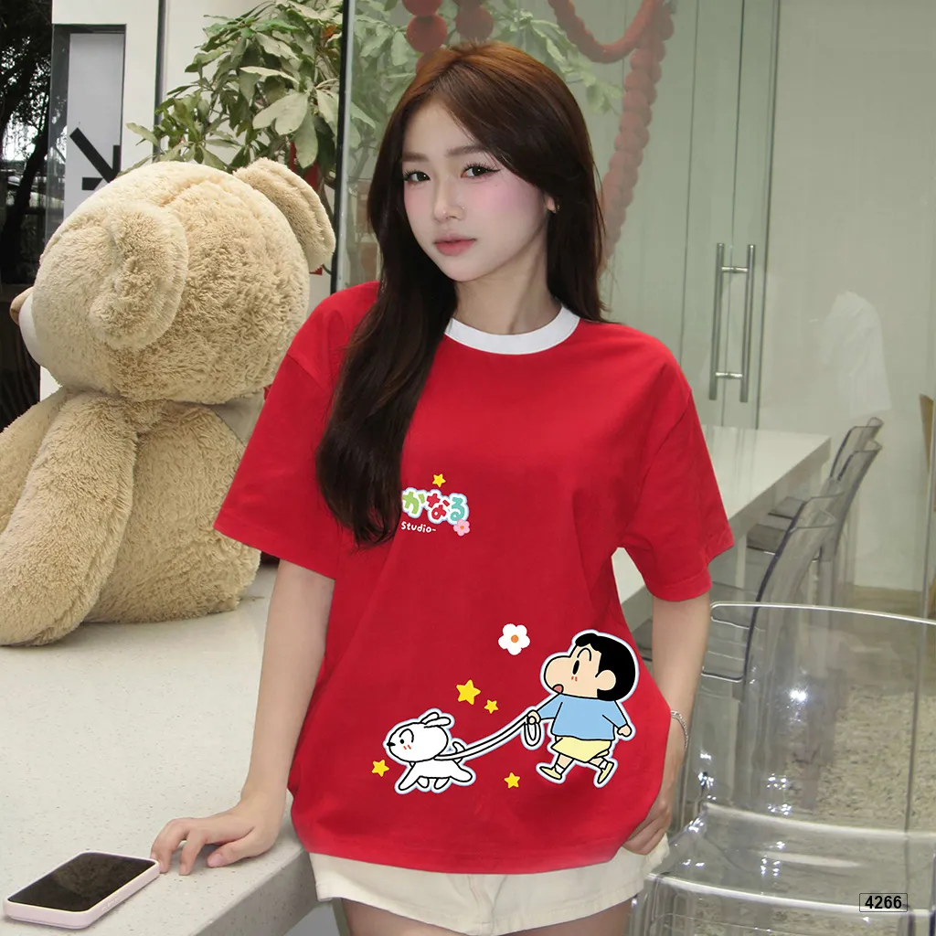 Áo thun unisex form boxy phối cổ mix màu hoạt hình Miucho 4266_thumbnail_1